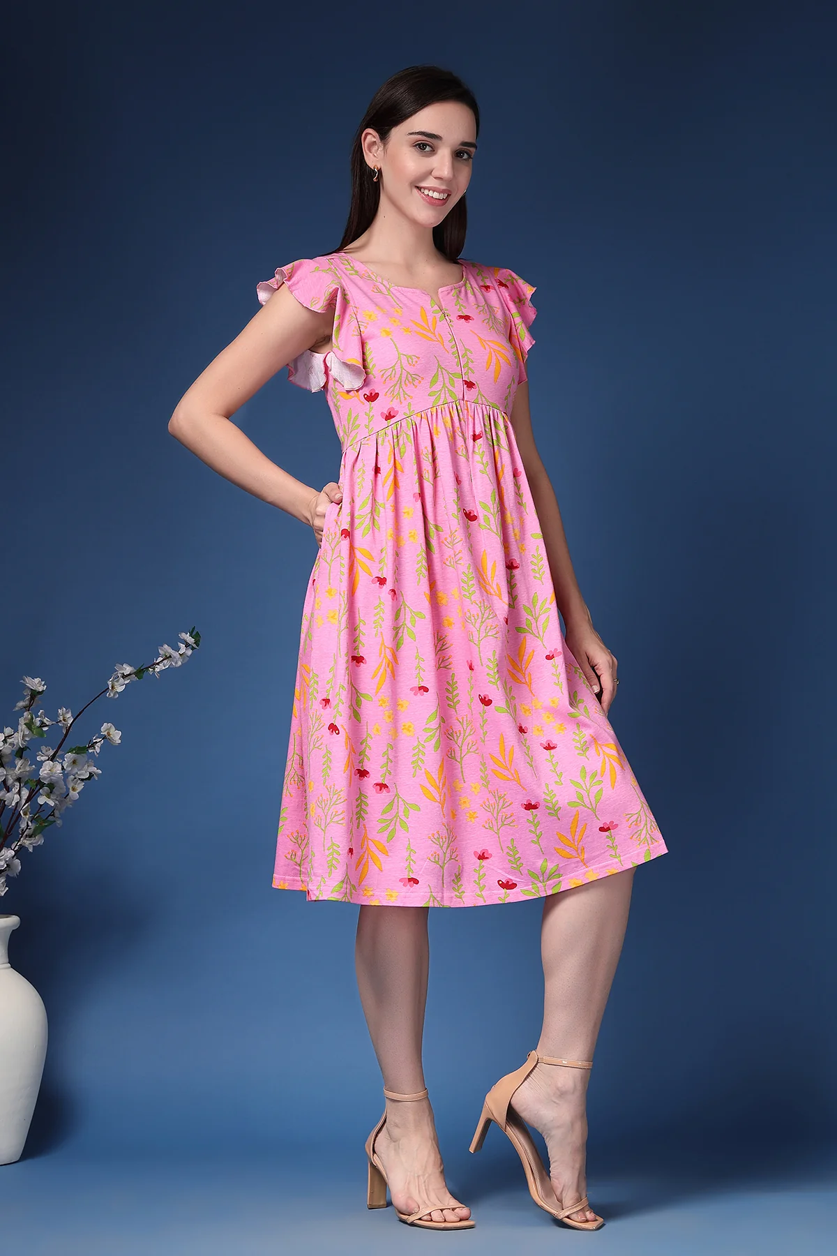 The Flutter Sleeve Feeding Dress with Ruffles, Pockets & Radiance - Image 4