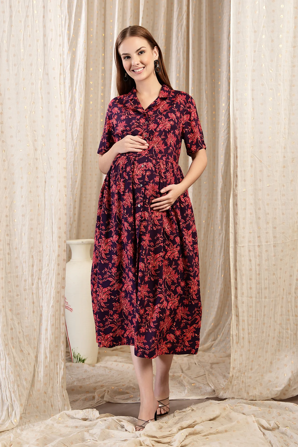 The Red Floral Printed Zipless Feeding Shirtdress - Image 4