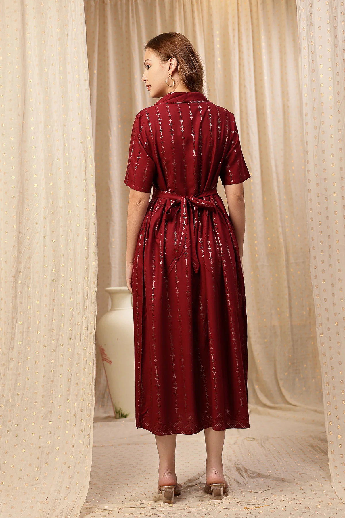 V-Neck Burgundy Maternity Dress with Zipless Feeding - Image 3