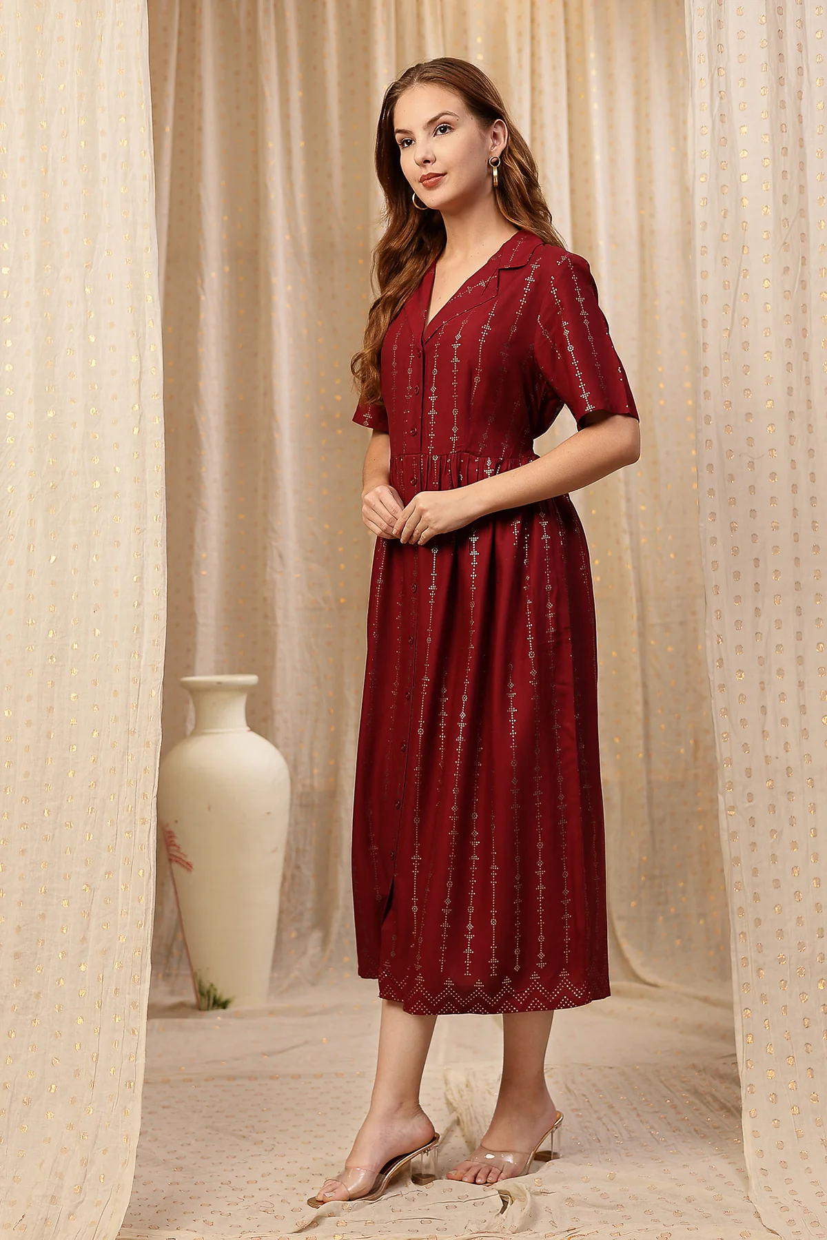 V-Neck Burgundy Maternity Dress with Zipless Feeding - Image 7