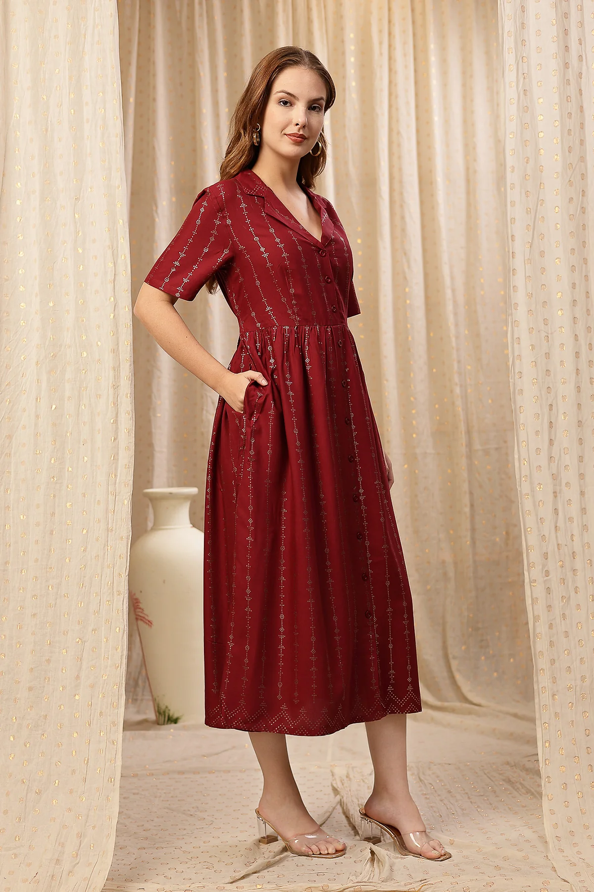 V-Neck Burgundy Maternity Dress with Zipless Feeding - Image 8