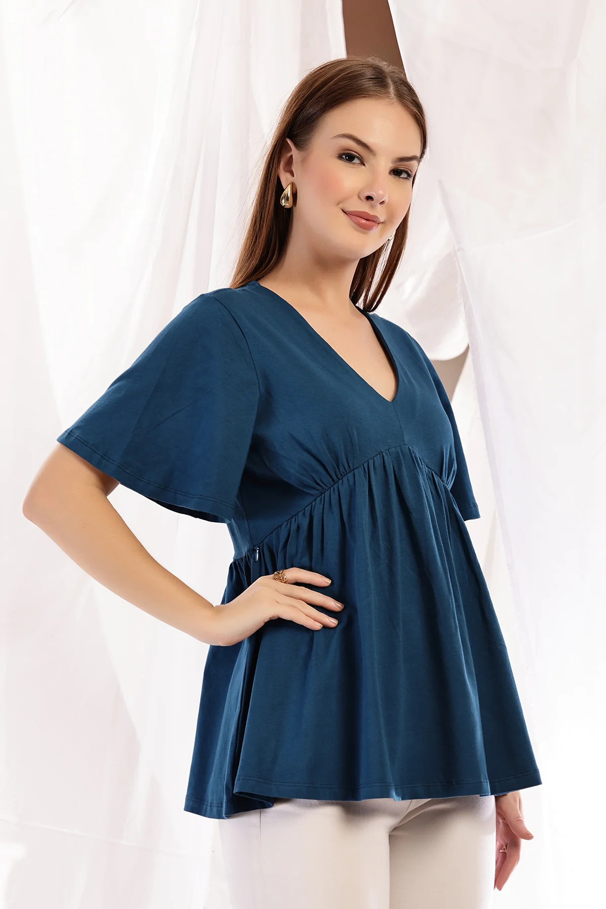 V-Neck Cotton Maternity Nursing Top - Airforce - Image 11