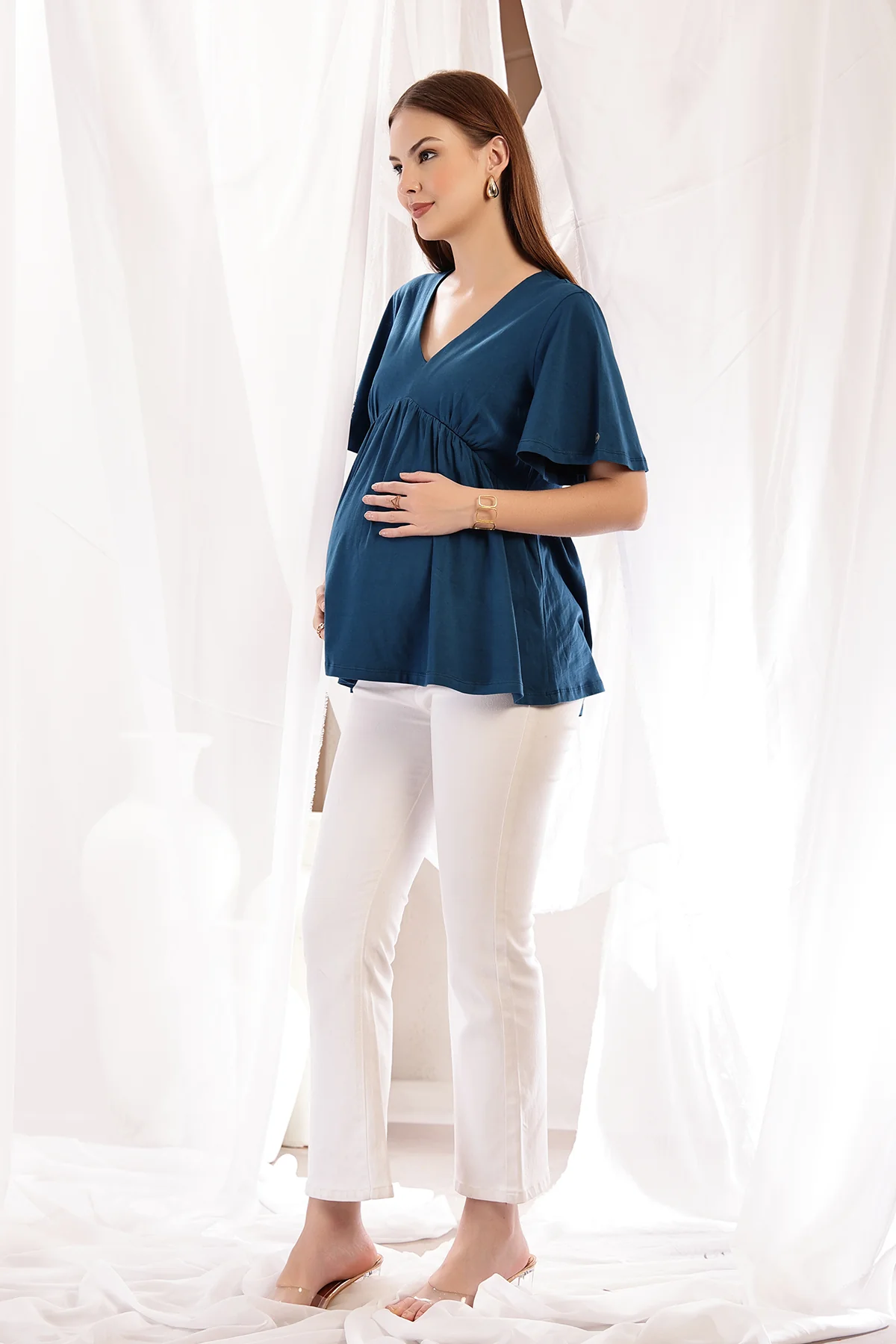 V-Neck Cotton Maternity Nursing Top - Airforce - Image 12