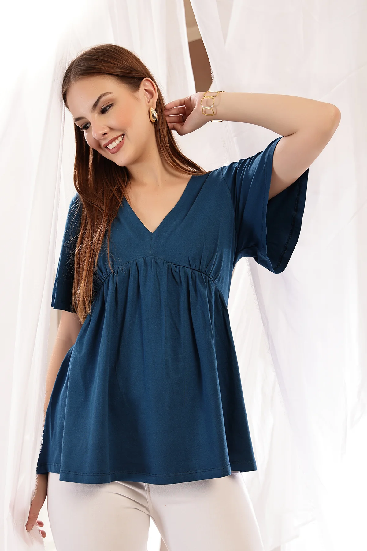 V-Neck Cotton Maternity Nursing Top - Airforce - Image 13
