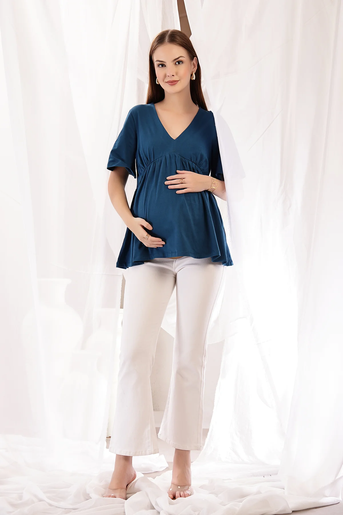 V-Neck Cotton Maternity Nursing Top - Airforce - Image 4