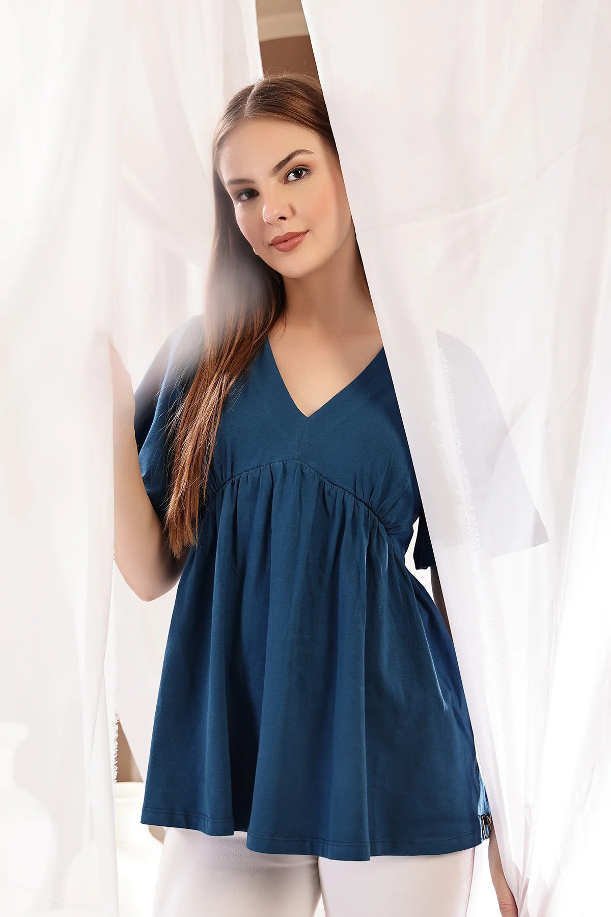 V-Neck Cotton Maternity Nursing Top - Airforce - Image 5