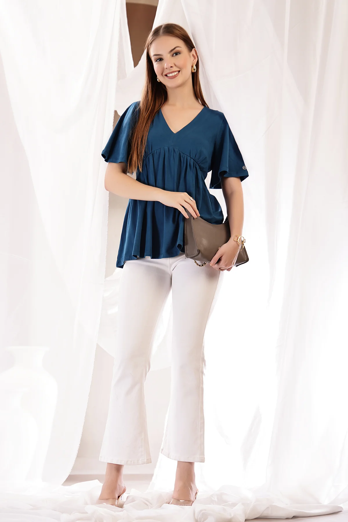V-Neck Cotton Maternity Nursing Top - Airforce - Image 7