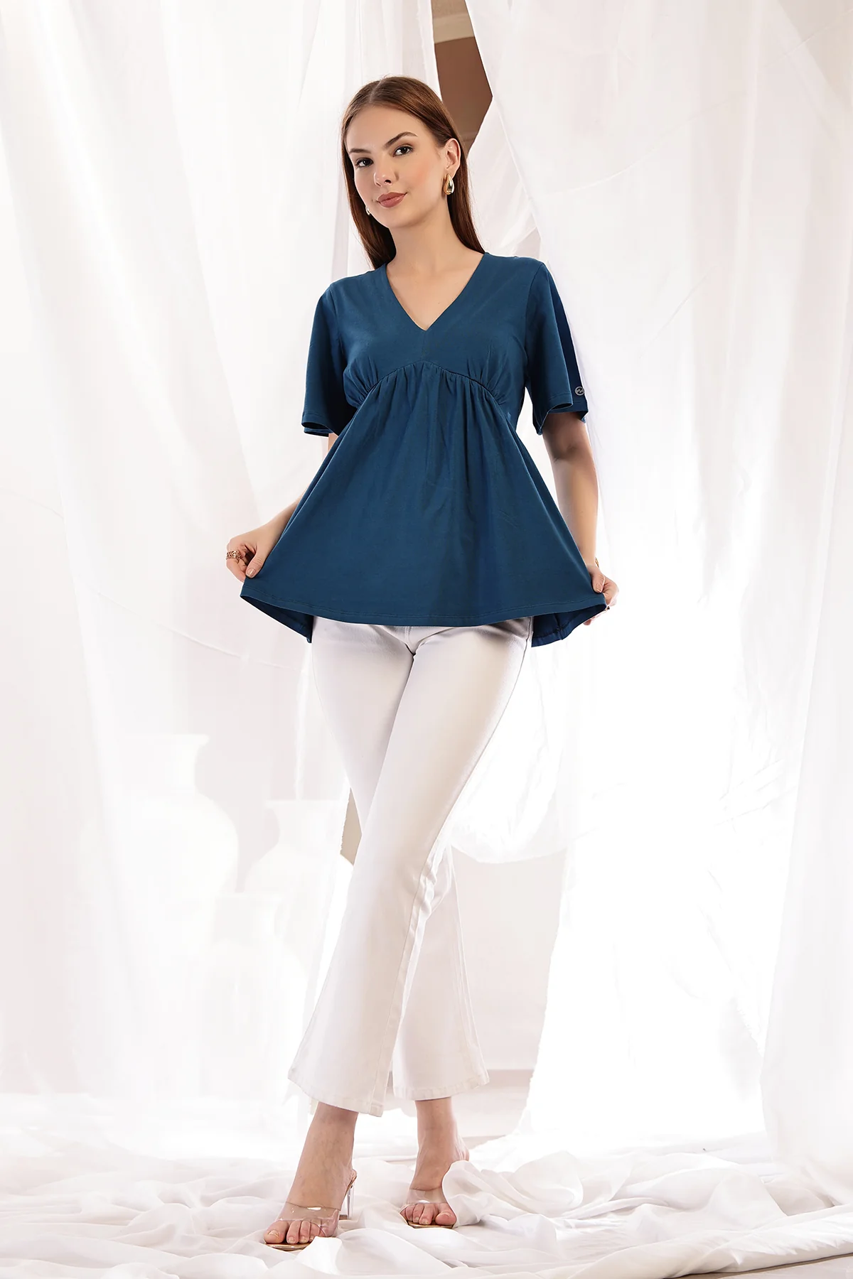 V-Neck Cotton Maternity Nursing Top - Airforce - Image 9