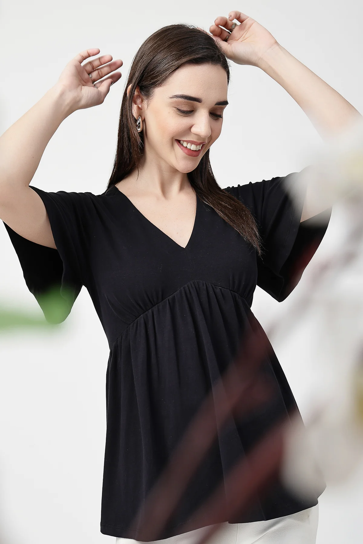 V-Neck Cotton Maternity Nursing Top - Black - Image 5