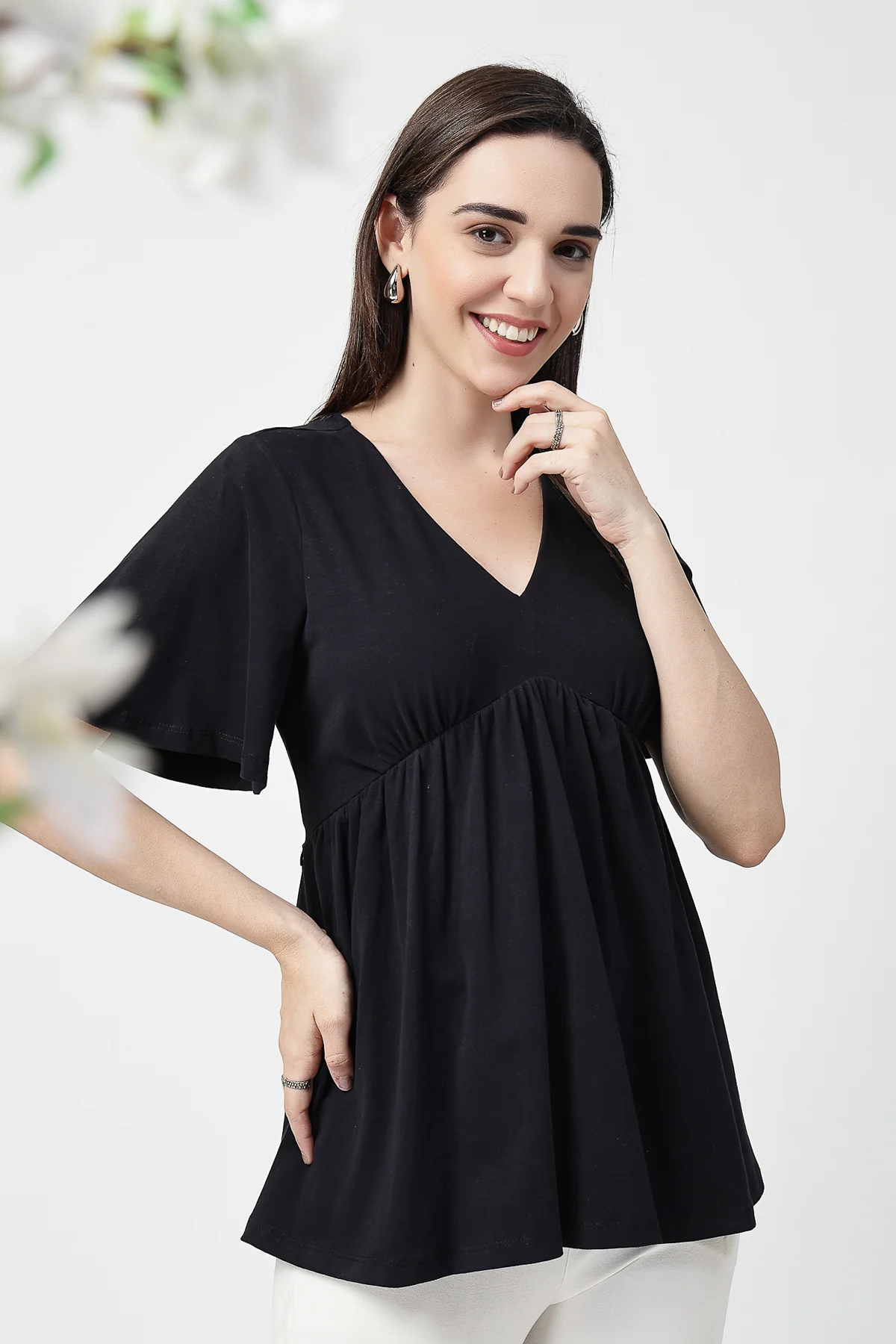 V-Neck Cotton Maternity Nursing Top - Black - Image 7