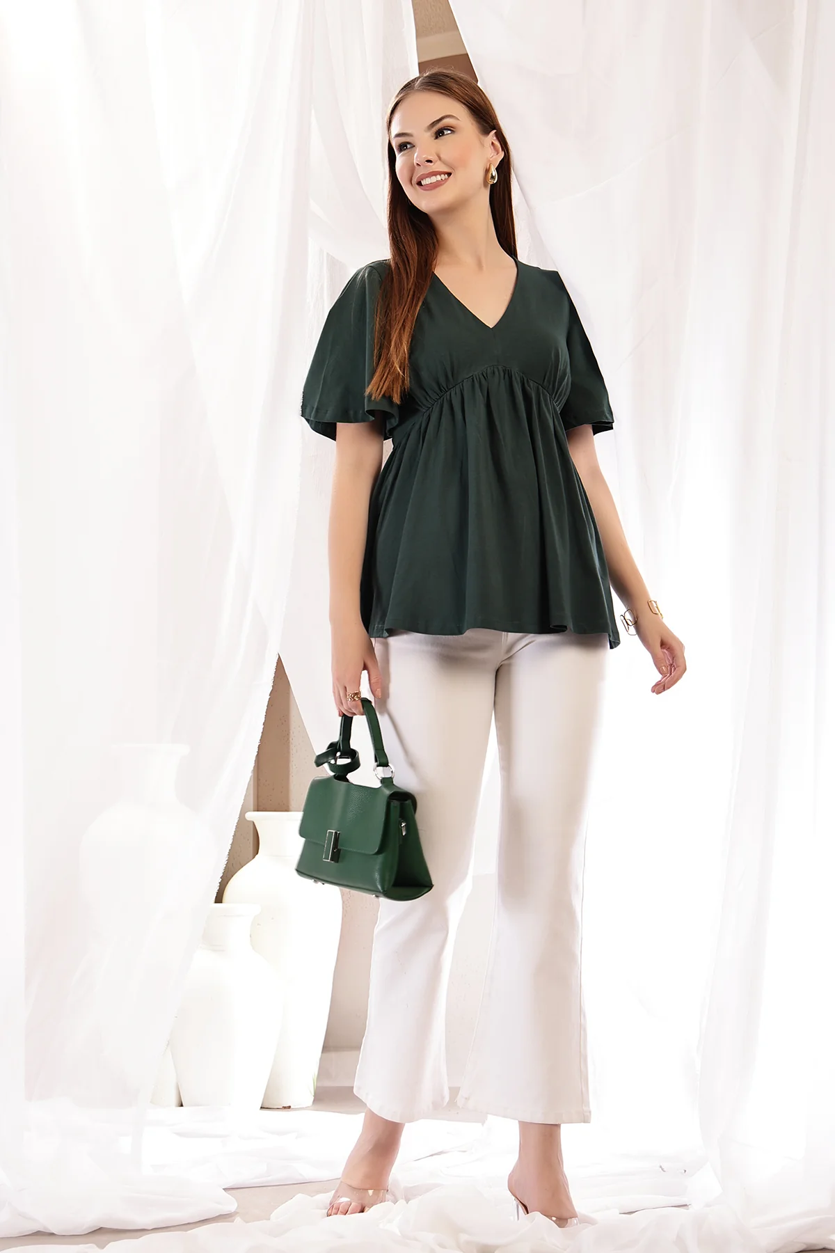 V-Neck Cotton Maternity Nursing Top - Bottle Green - Image 10