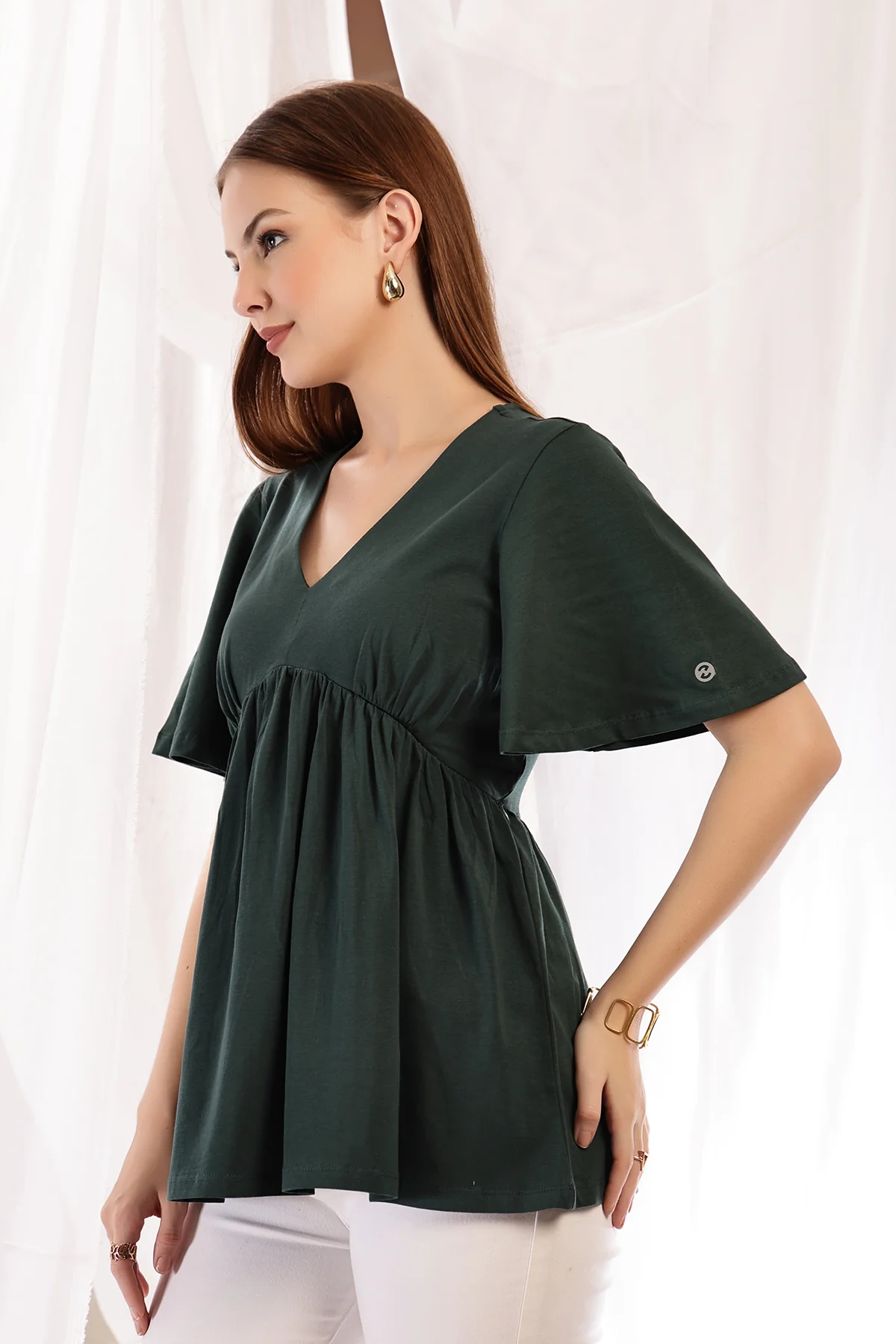 V-Neck Cotton Maternity Nursing Top - Bottle Green - Image 11
