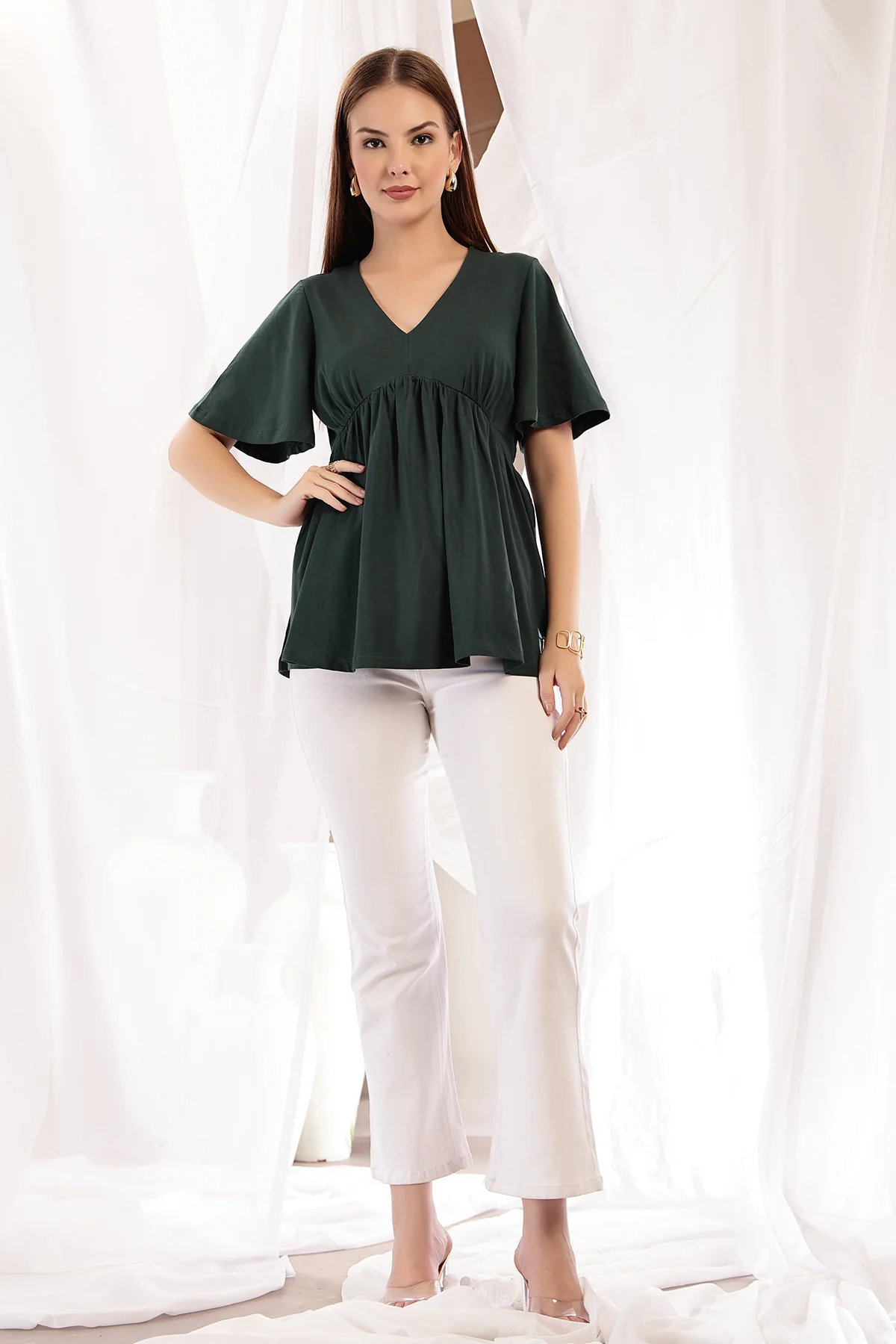 V-Neck Cotton Maternity Nursing Top - Bottle Green - Image 13