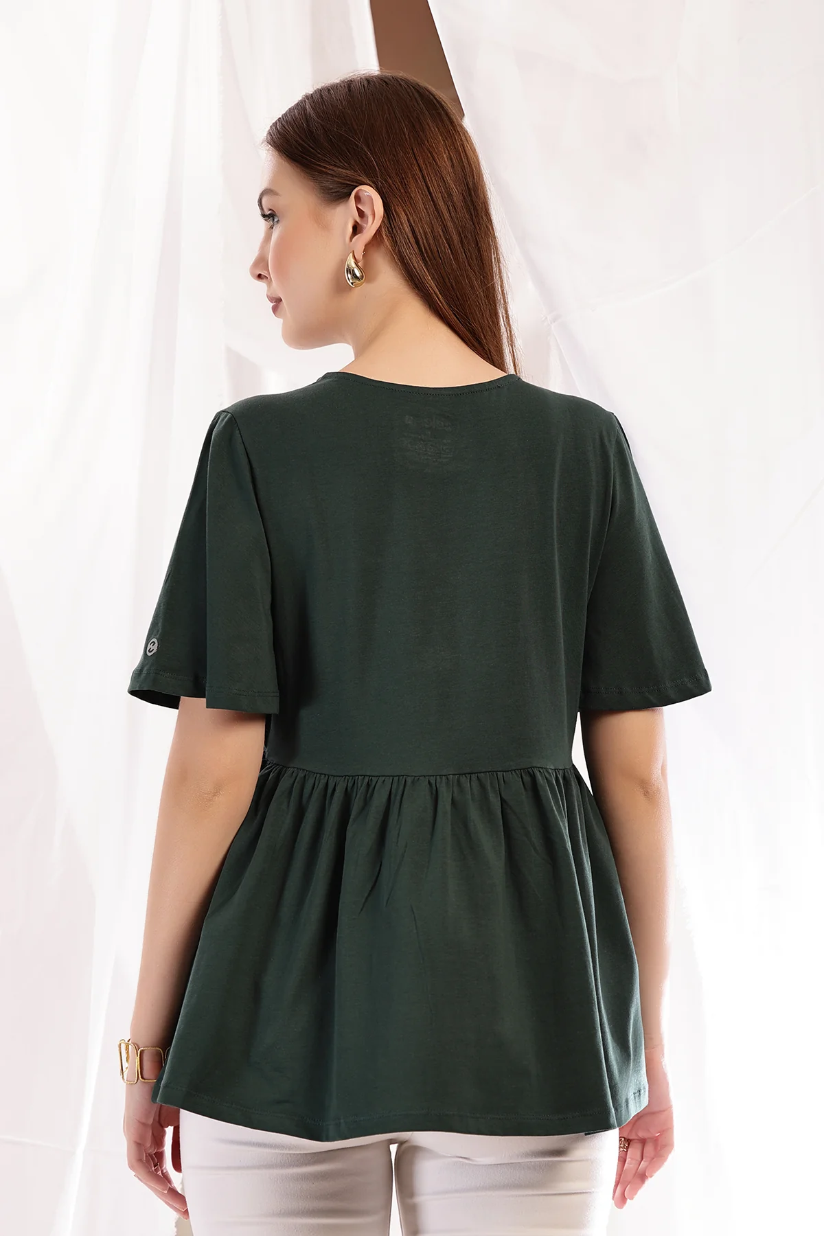 V-Neck Cotton Maternity Nursing Top - Bottle Green - Image 3