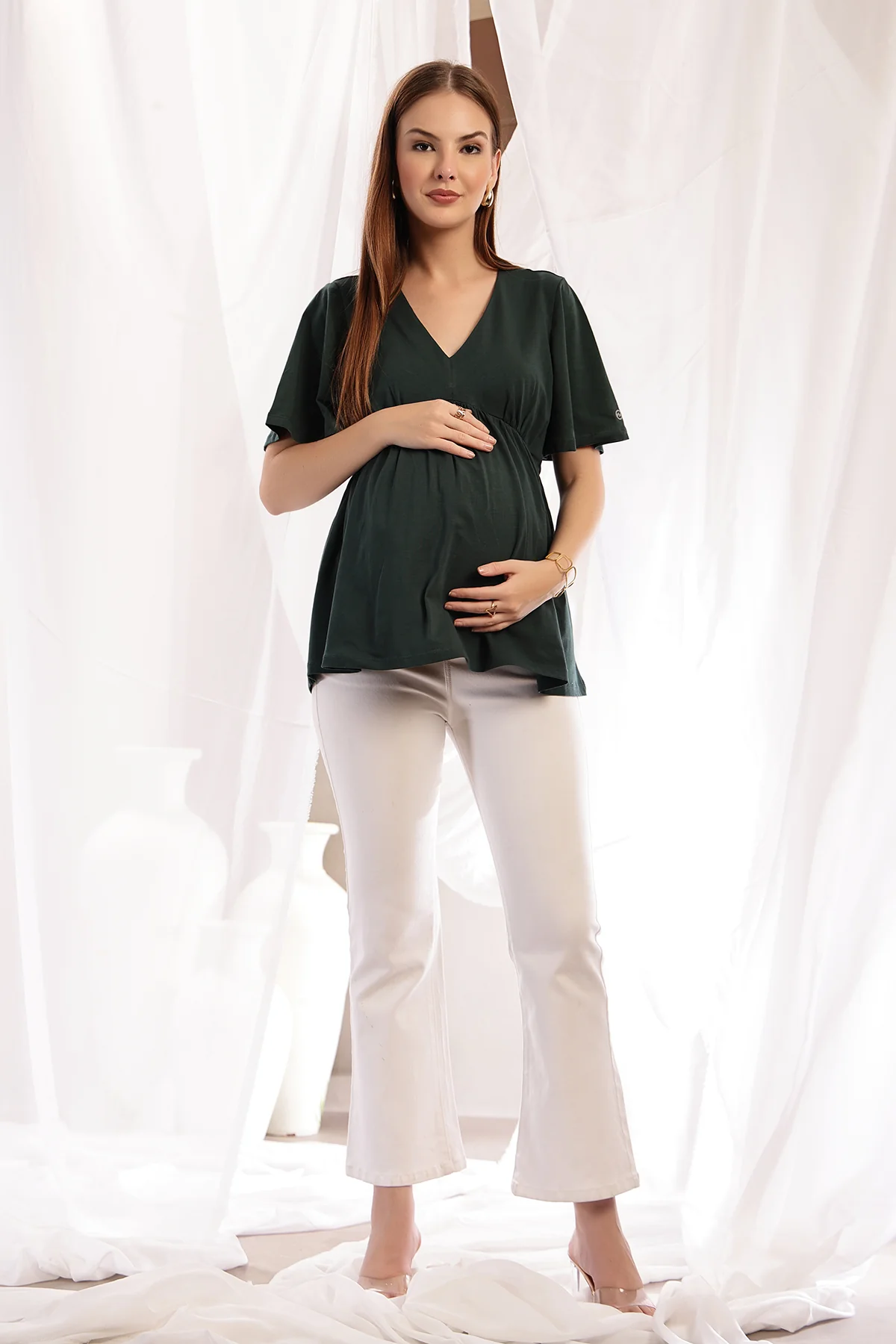 V-Neck Cotton Maternity Nursing Top - Bottle Green - Image 4