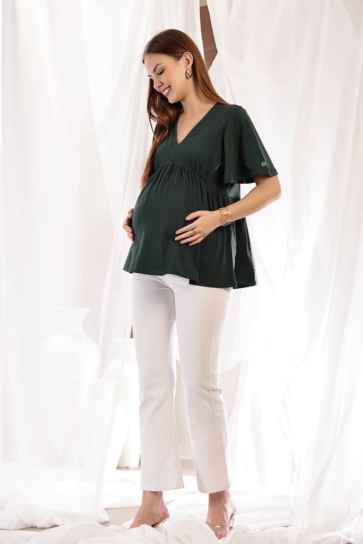 V-Neck Cotton Maternity Nursing Top - Bottle Green - Image 7
