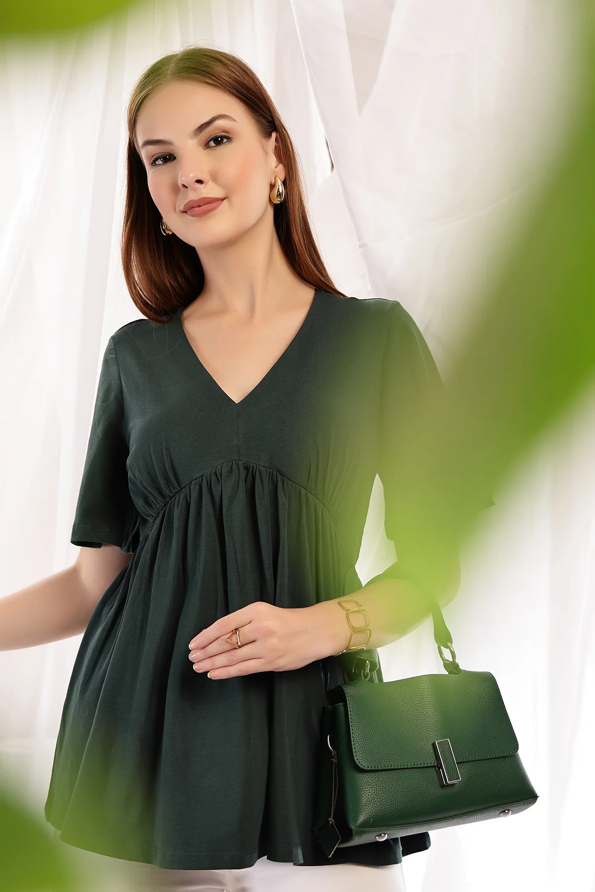 V-Neck Cotton Maternity Nursing Top - Bottle Green - Image 8