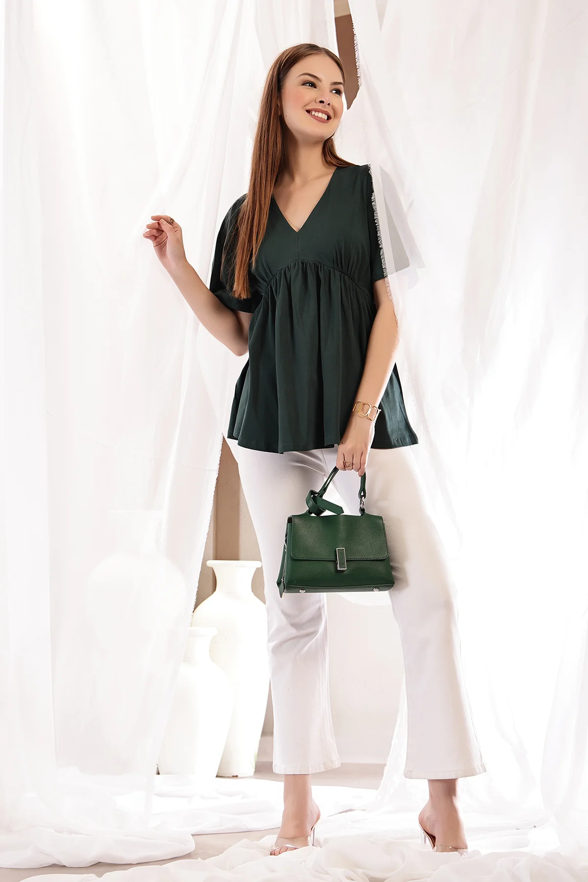 V-Neck Cotton Maternity Nursing Top - Bottle Green - Image 9