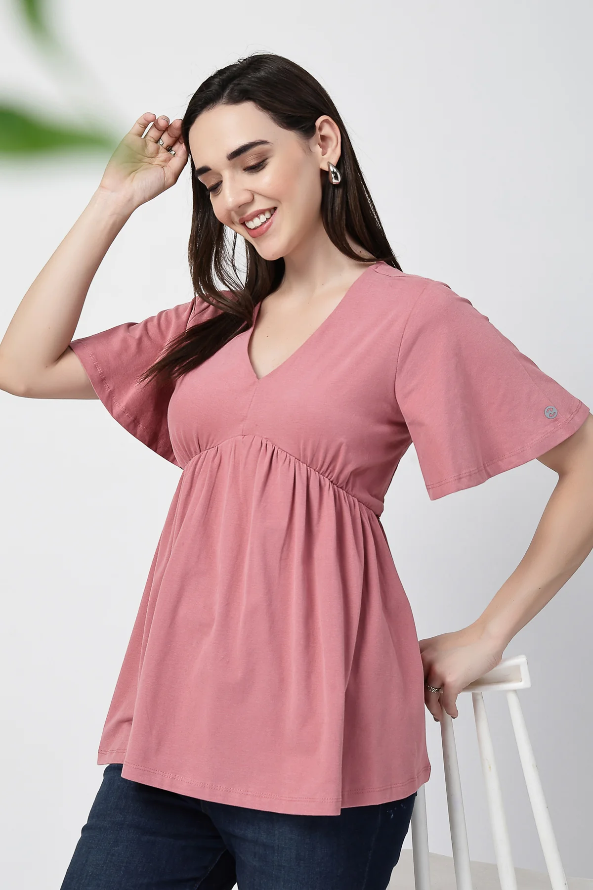 V-Neck Cotton Maternity Nursing Top - Deep Salmon - Image 10