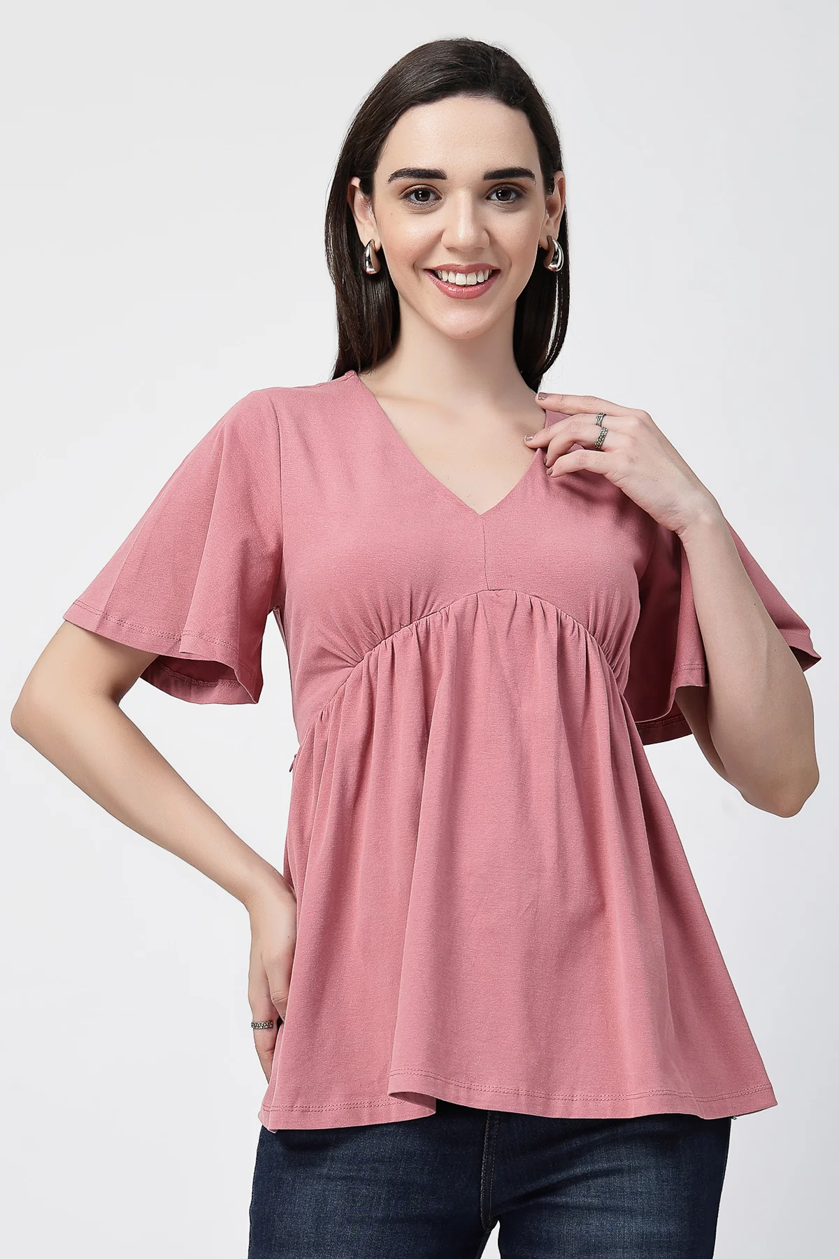 V-Neck Cotton Maternity Nursing Top - Deep Salmon - Image 2