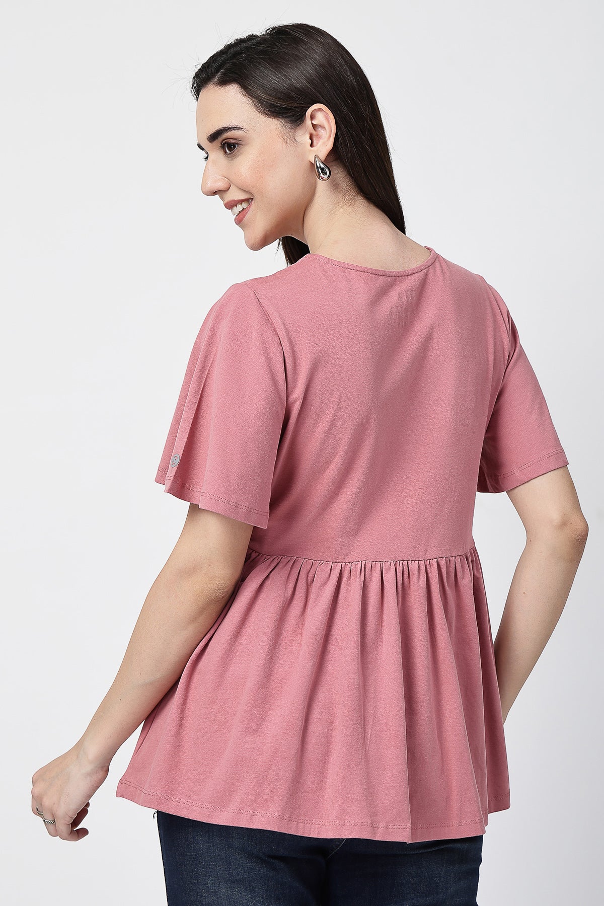V-Neck Cotton Maternity Nursing Top - Deep Salmon - Image 3