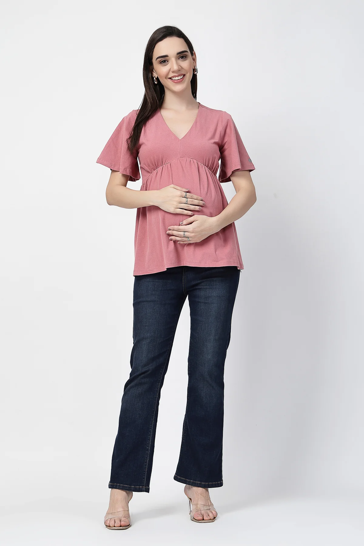 V-Neck Cotton Maternity Nursing Top - Deep Salmon - Image 4