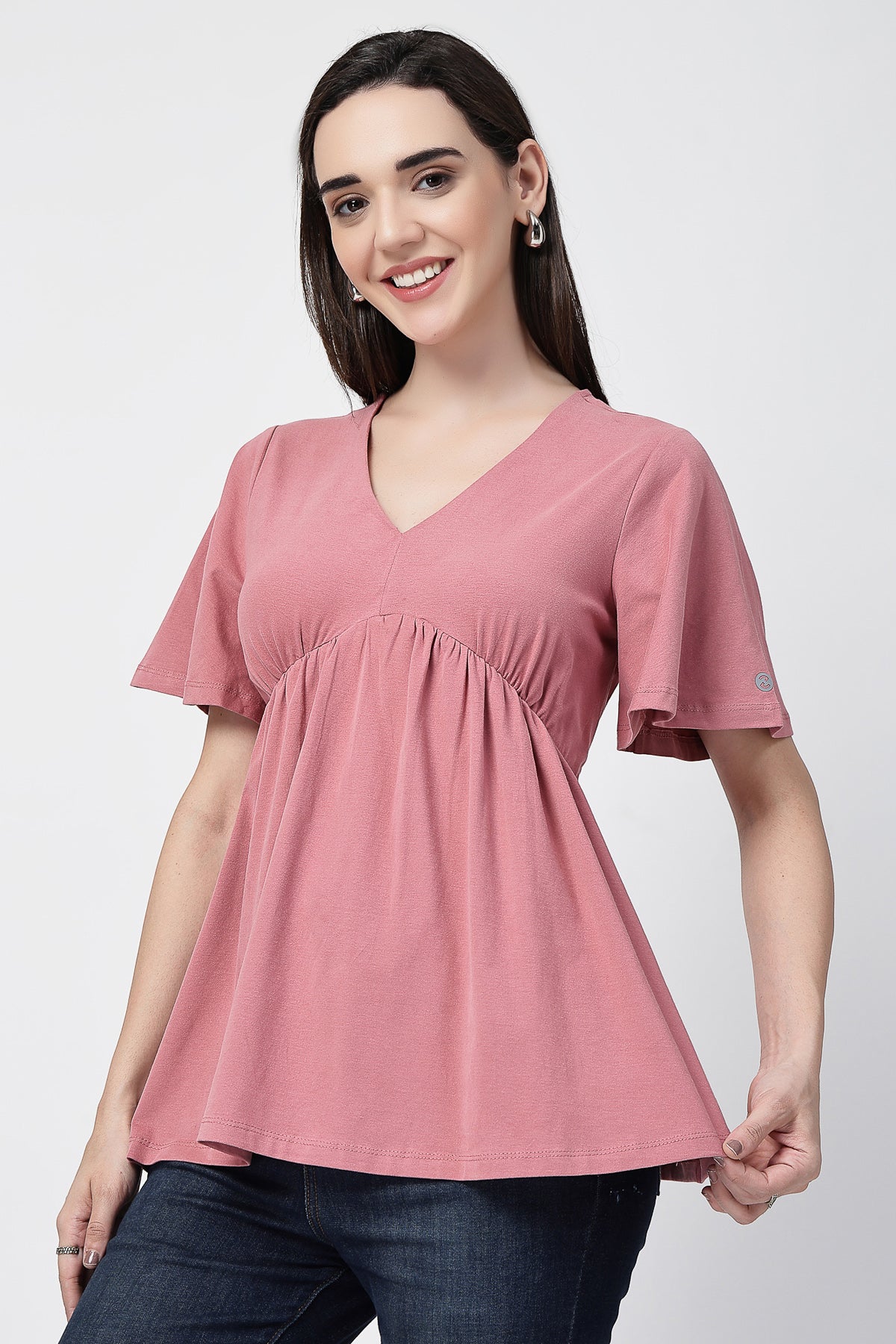 V-Neck Cotton Maternity Nursing Top - Deep Salmon - Image 5