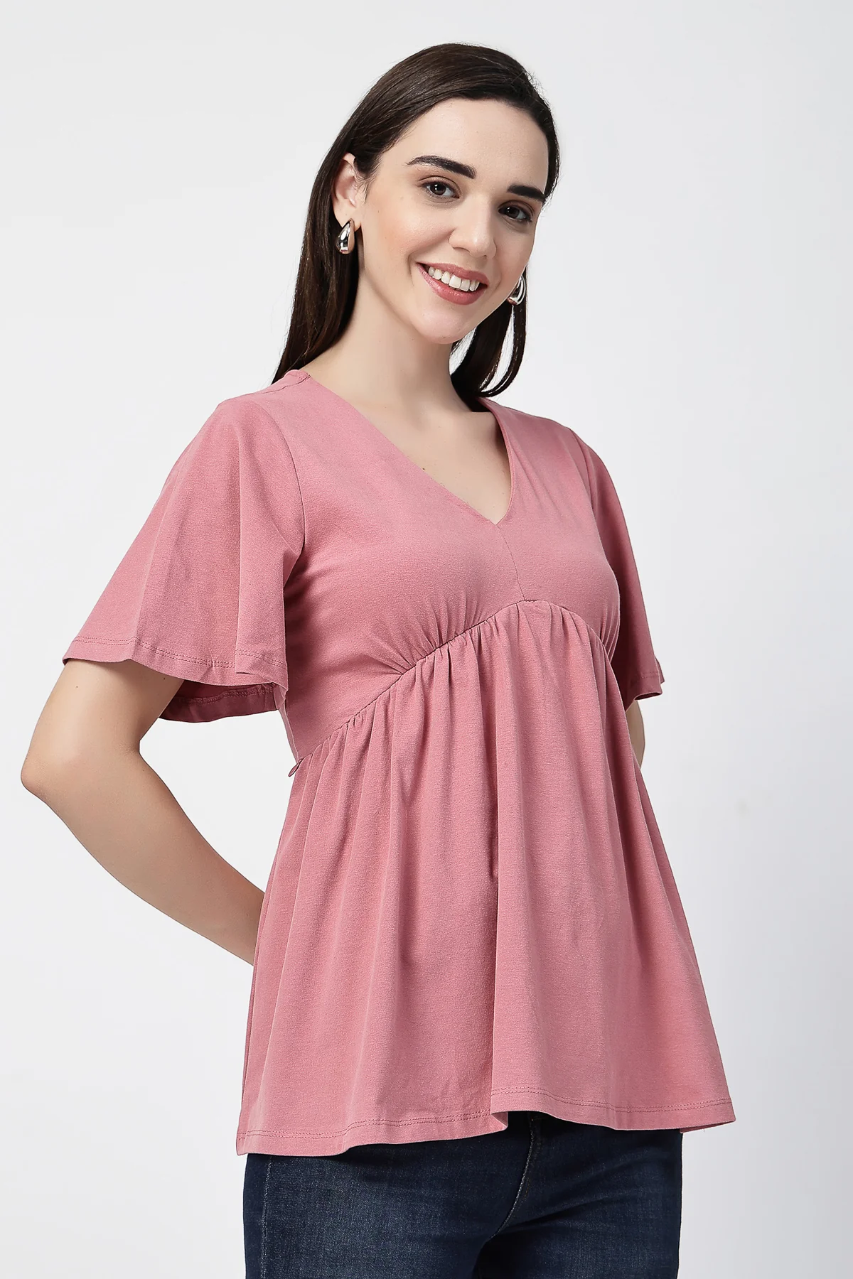 V-Neck Cotton Maternity Nursing Top - Deep Salmon - Image 7