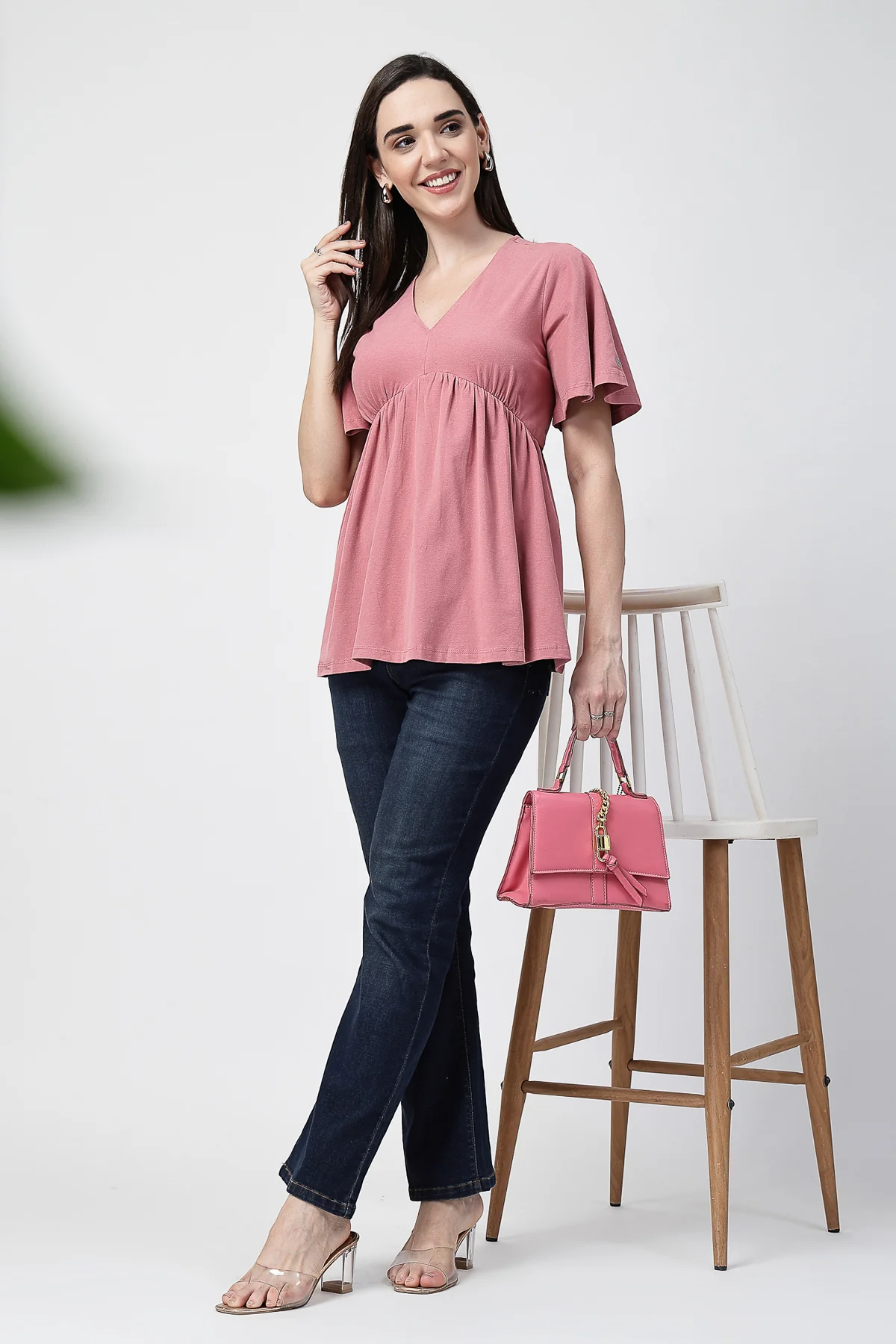 V-Neck Cotton Maternity Nursing Top - Deep Salmon - Image 8