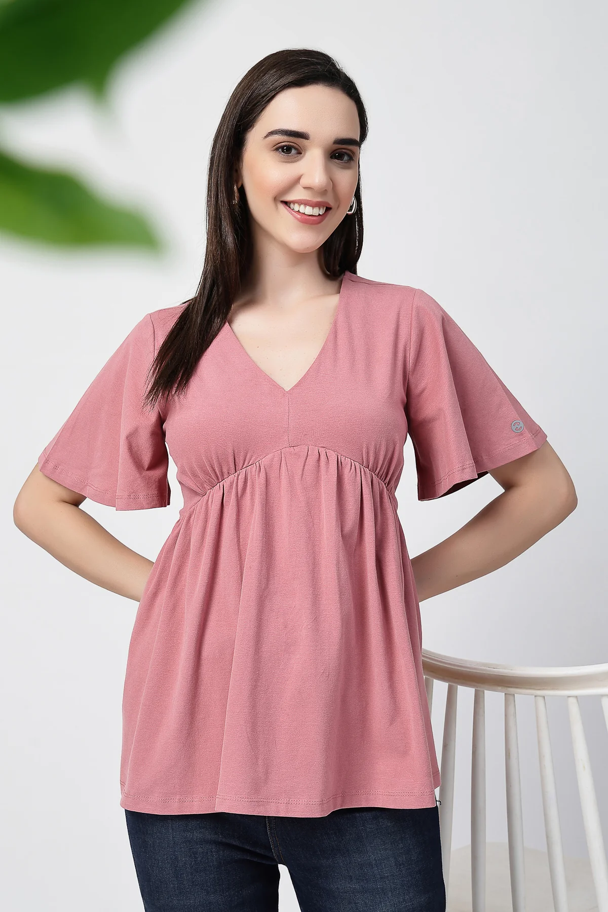 V-Neck Cotton Maternity Nursing Top - Deep Salmon - Image 9