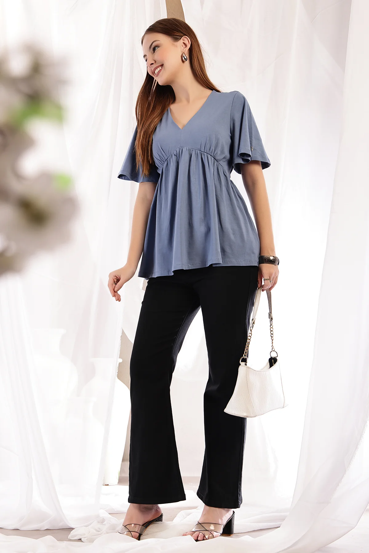 V-Neck Cotton Maternity Nursing Top - M Blue - Image 11