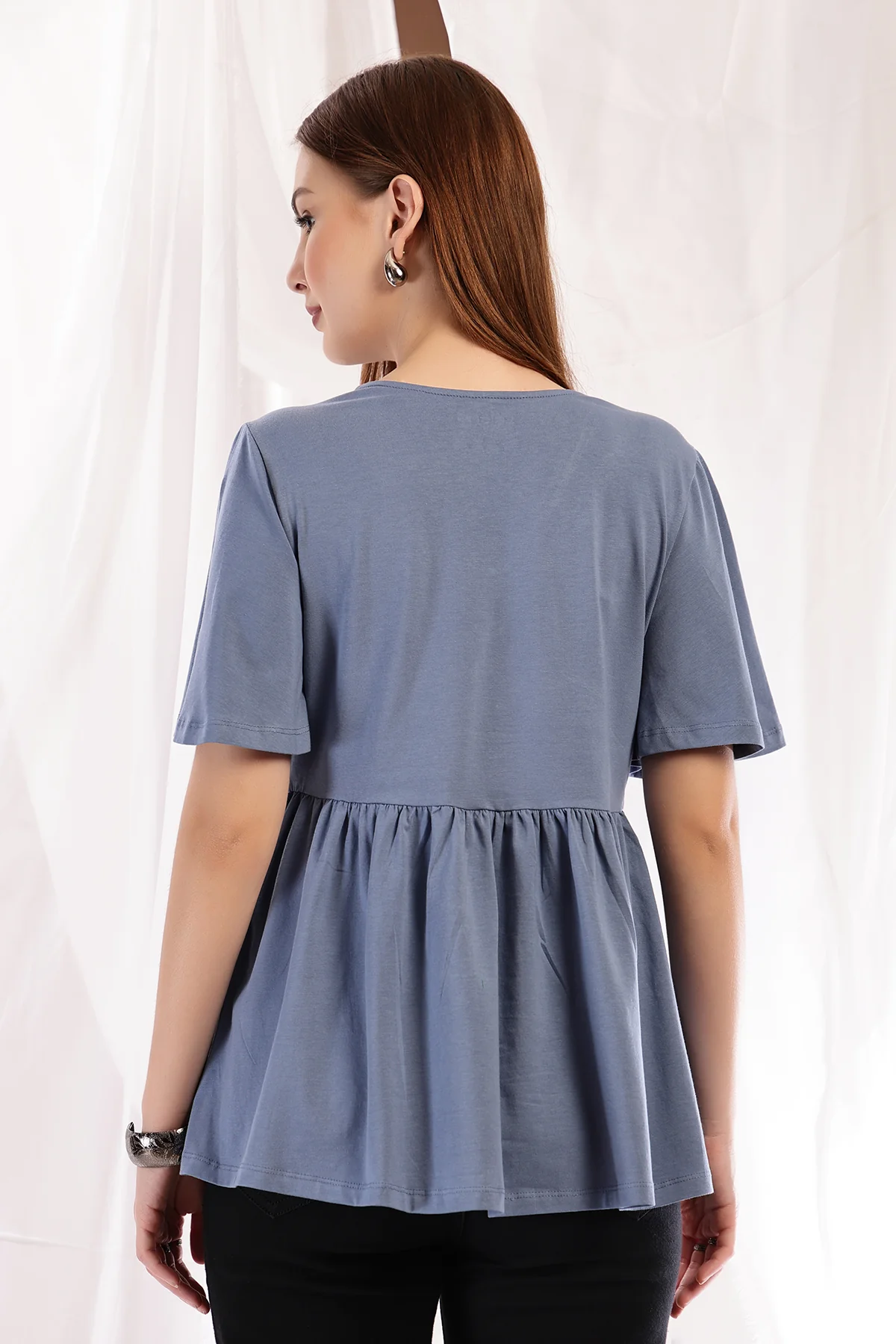 V-Neck Cotton Maternity Nursing Top - M Blue - Image 3