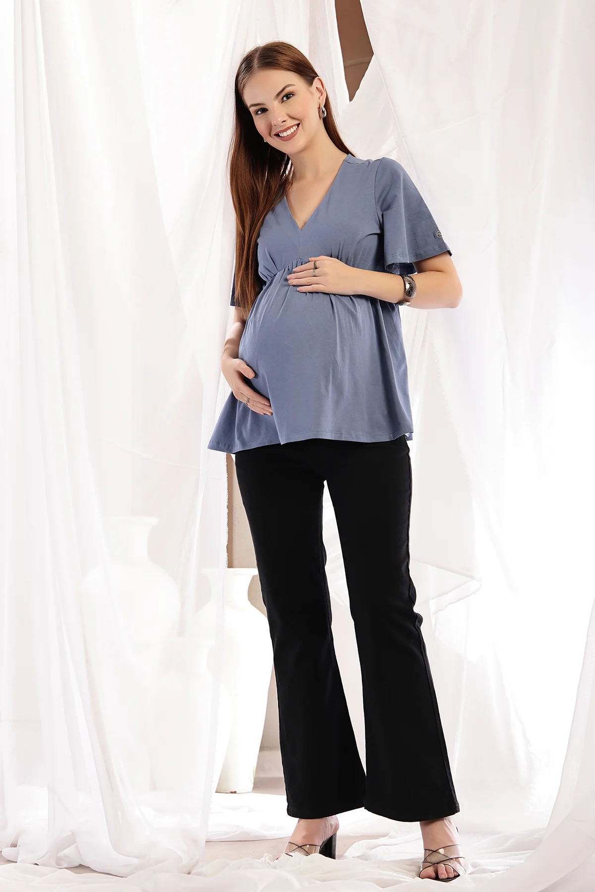 V-Neck Cotton Maternity Nursing Top - M Blue - Image 4