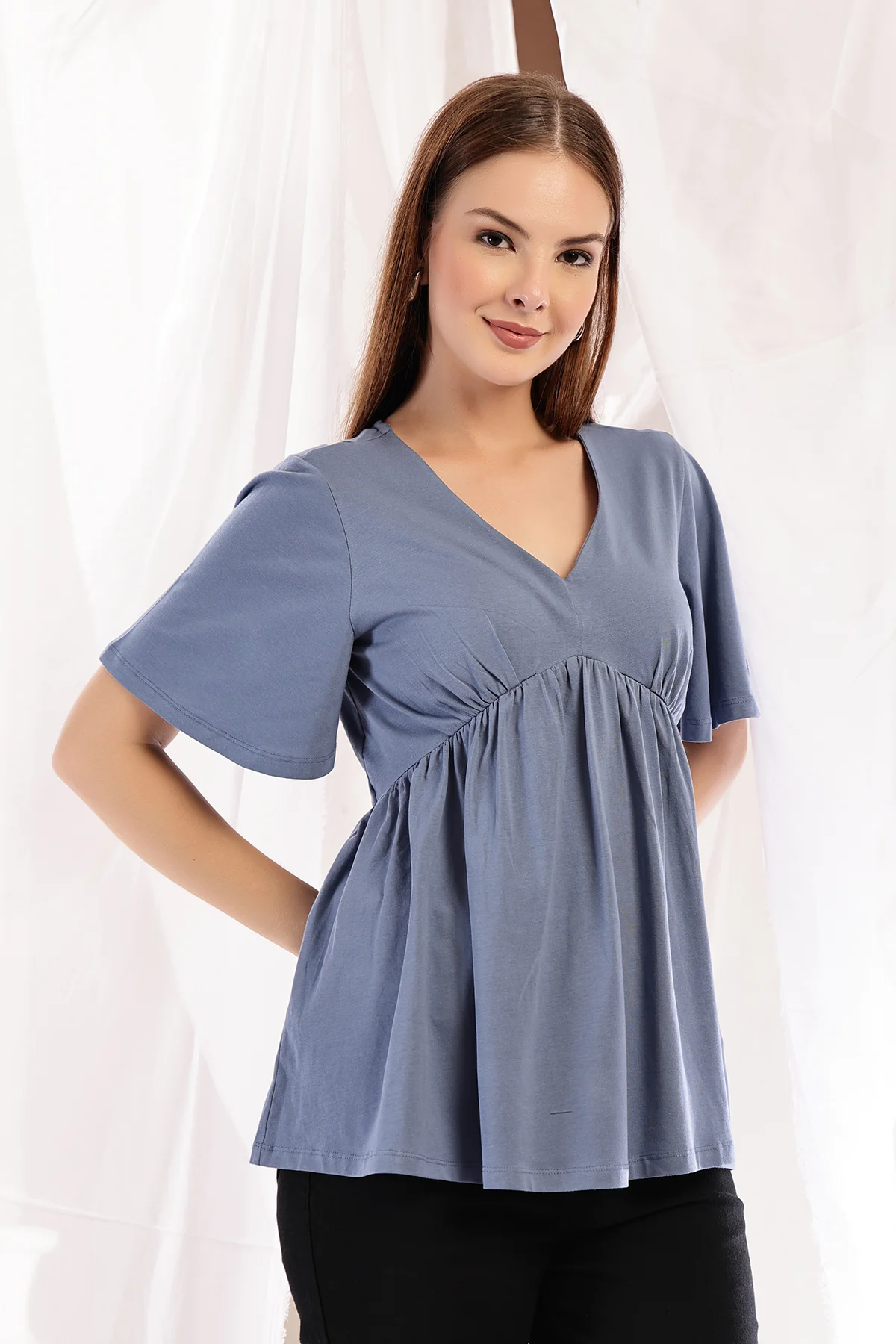 V-Neck Cotton Maternity Nursing Top - M Blue - Image 6