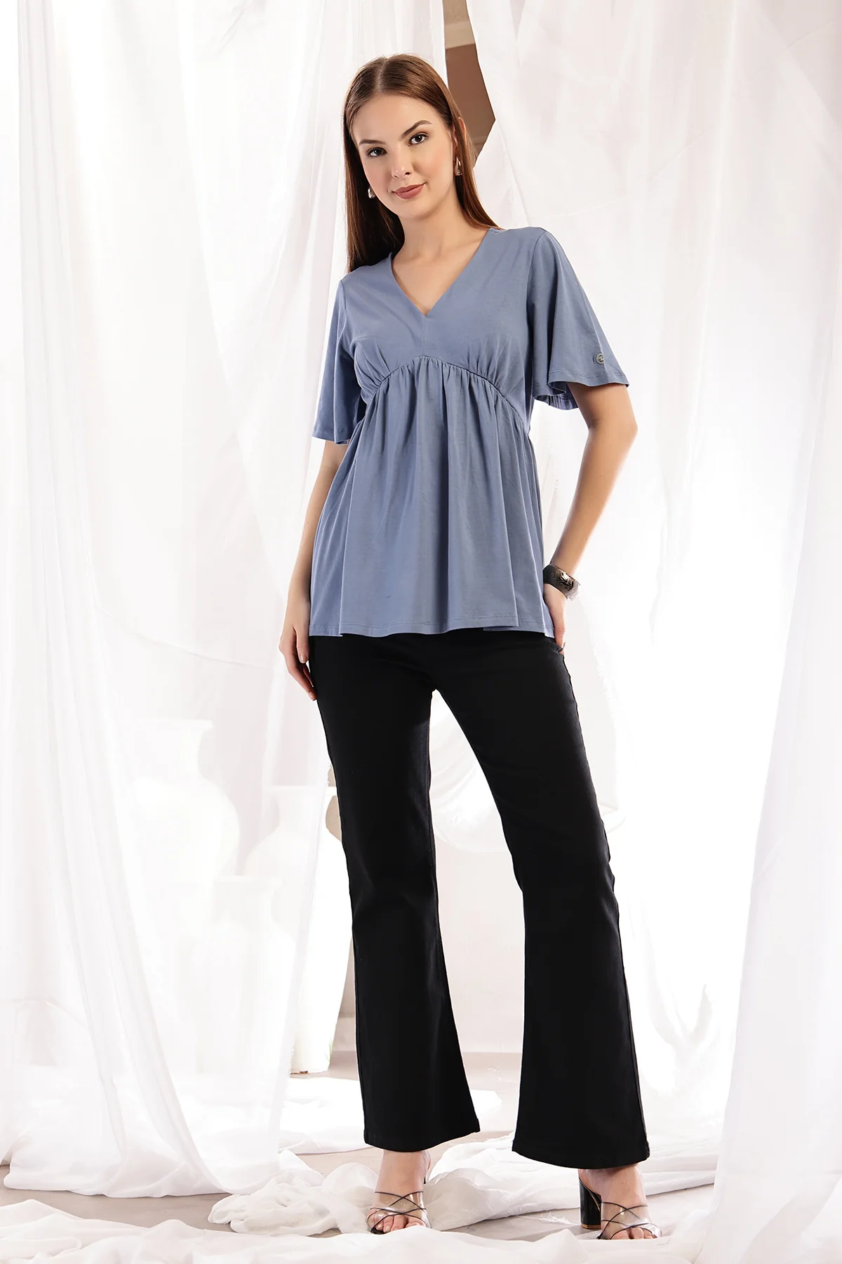 V-Neck Cotton Maternity Nursing Top - M Blue - Image 8