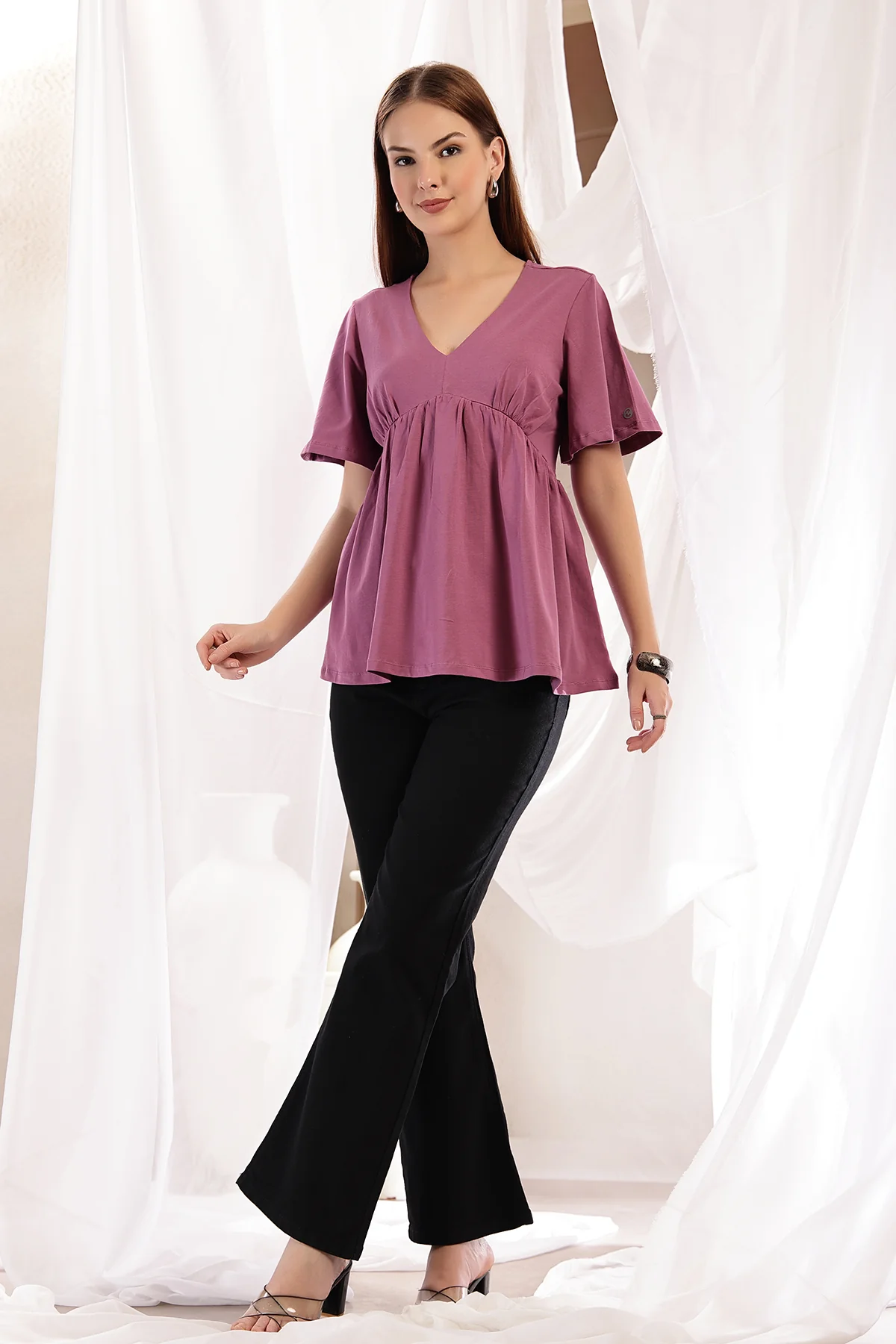 V-Neck Cotton Maternity Nursing Top - Onion - Image 10