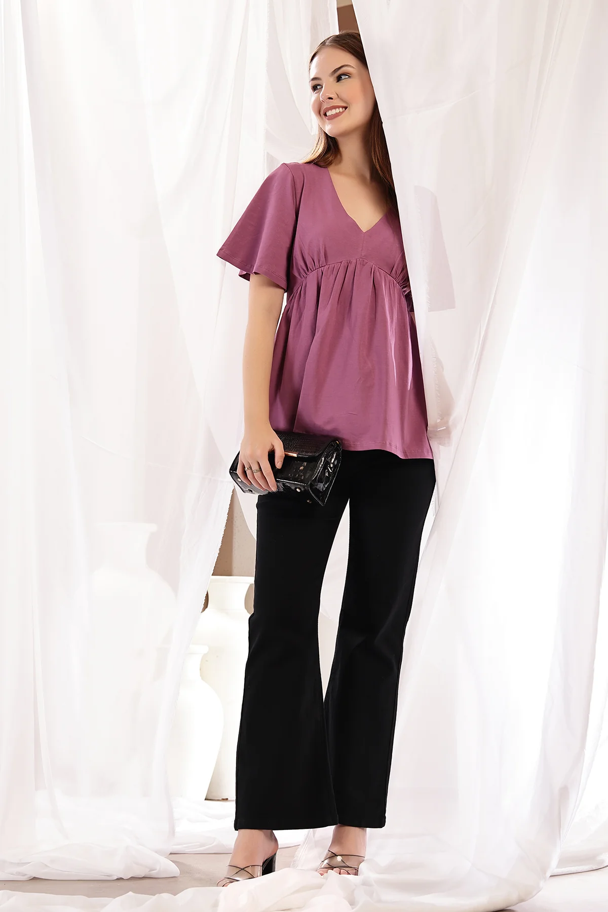 V-Neck Cotton Maternity Nursing Top - Onion - Image 13