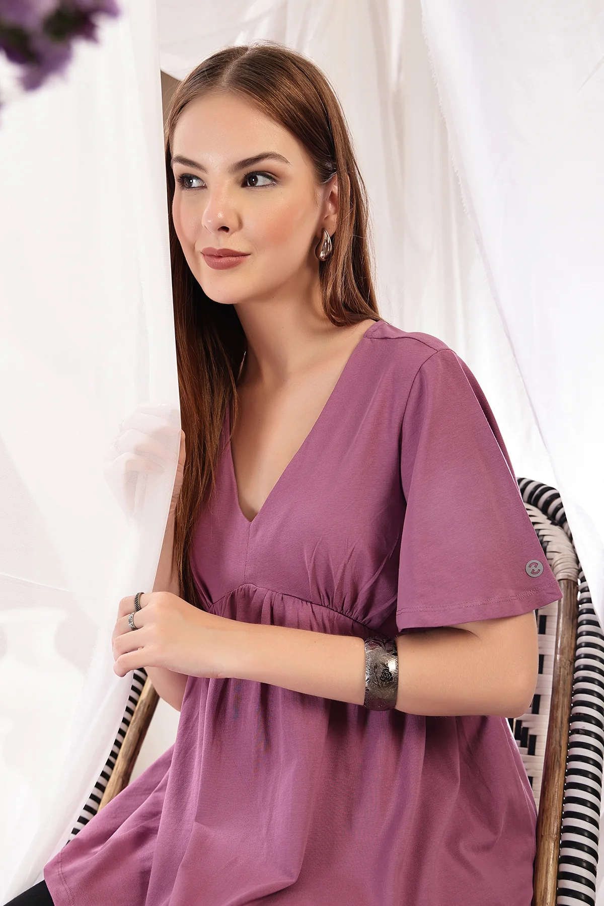 V-Neck Cotton Maternity Nursing Top - Onion - Image 14