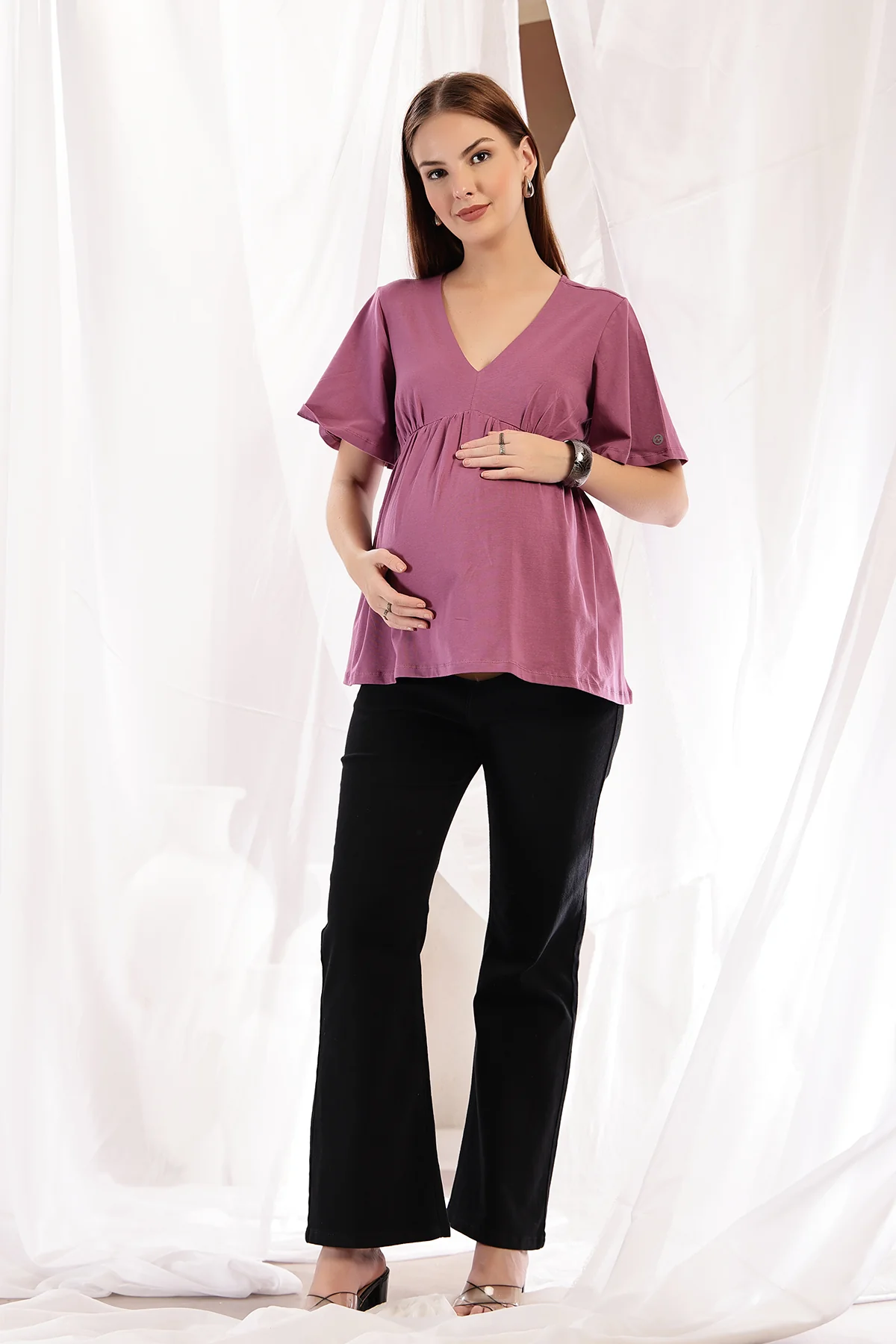 V-Neck Cotton Maternity Nursing Top - Onion - Image 5