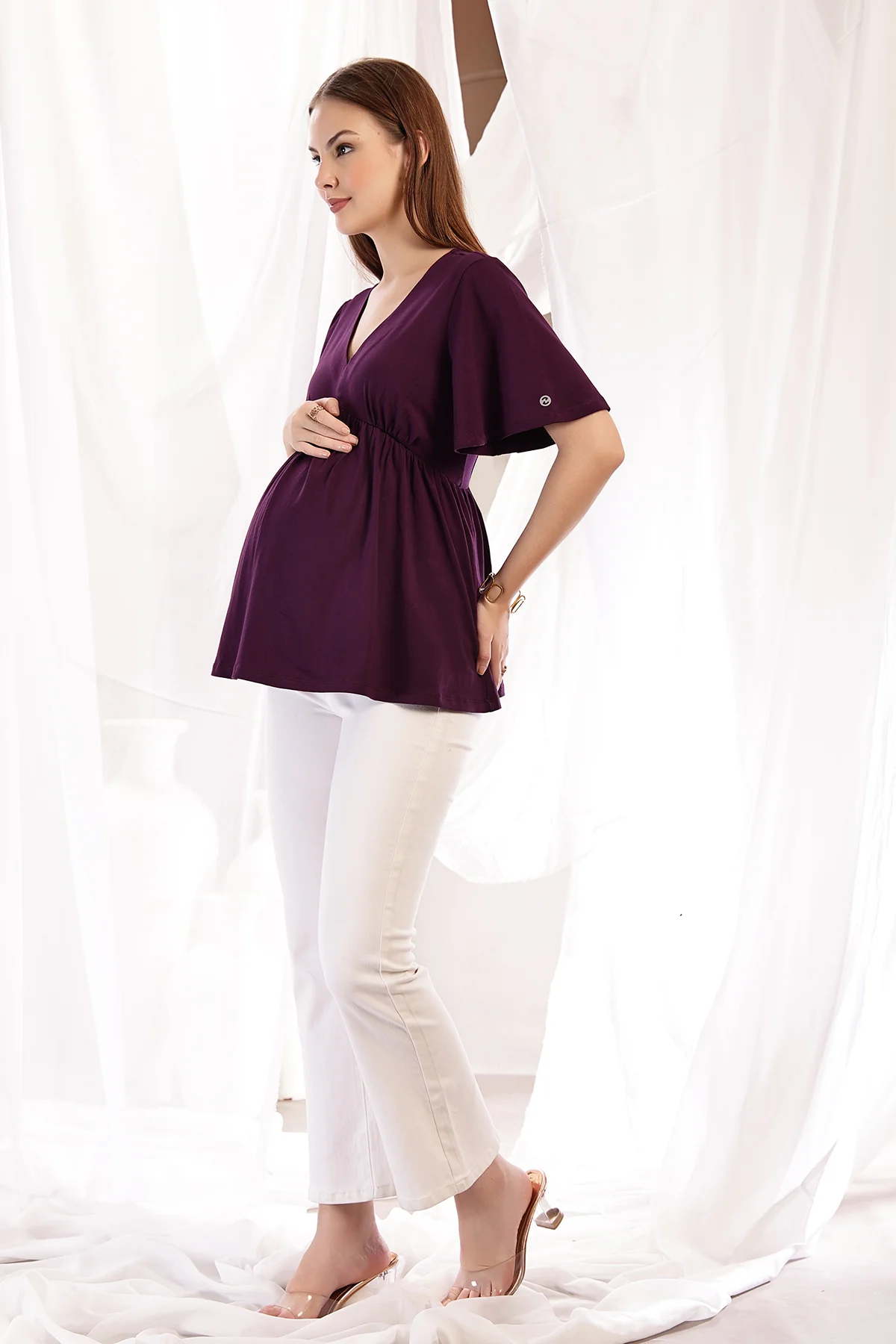 V-Neck Cotton Maternity Nursing Top - Plum - Image 10