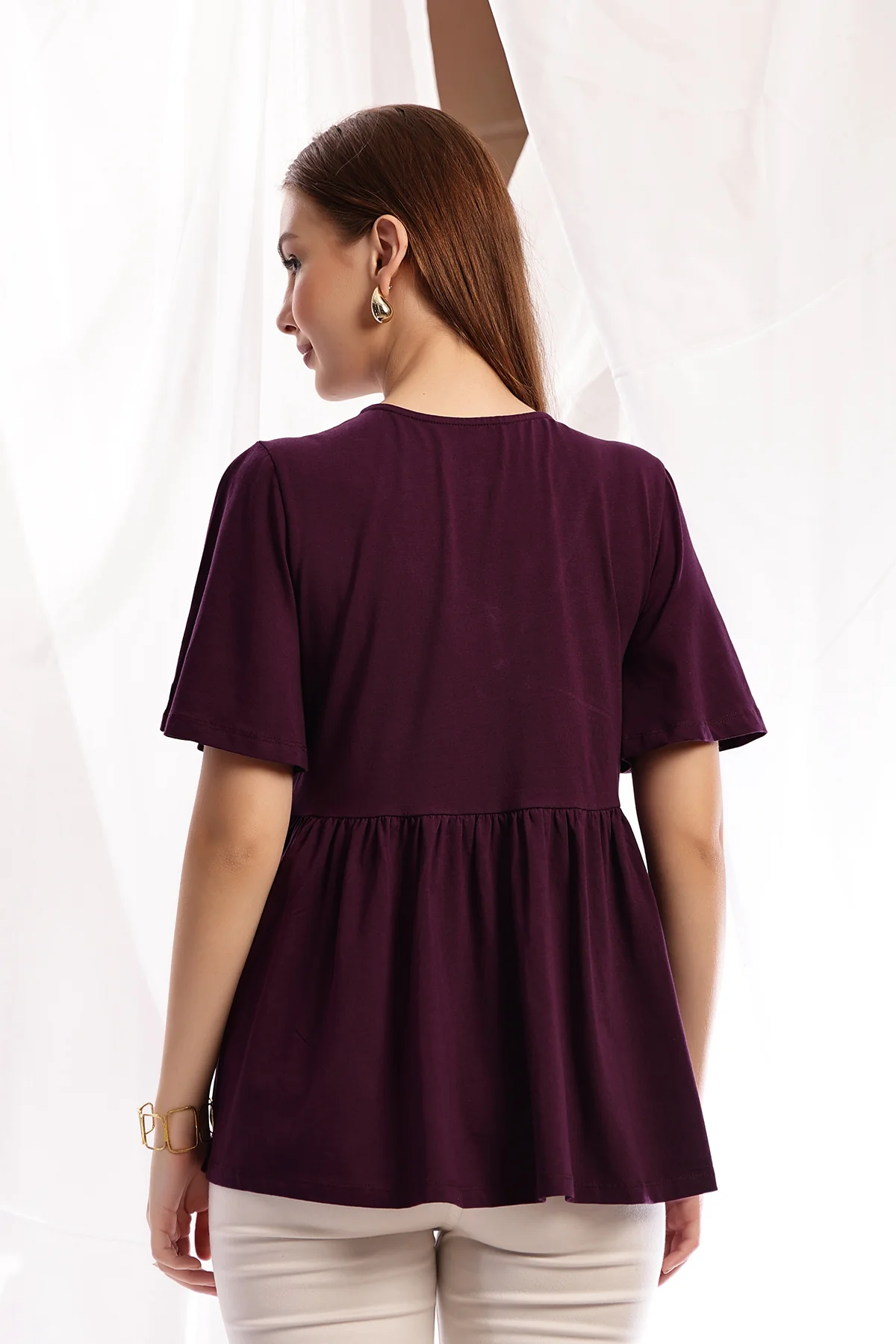 V-Neck Cotton Maternity Nursing Top - Plum - Image 3