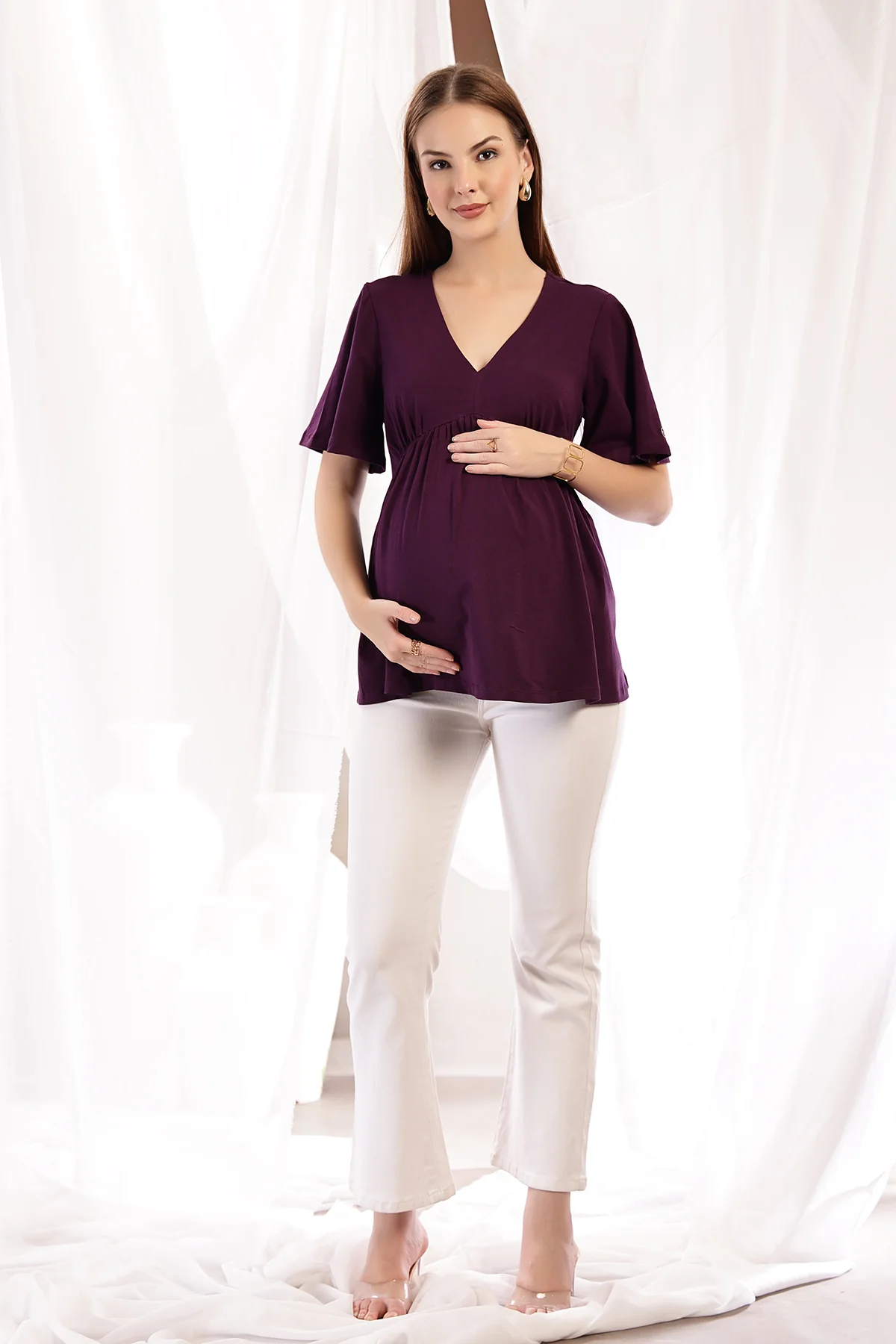 V-Neck Cotton Maternity Nursing Top - Plum - Image 4