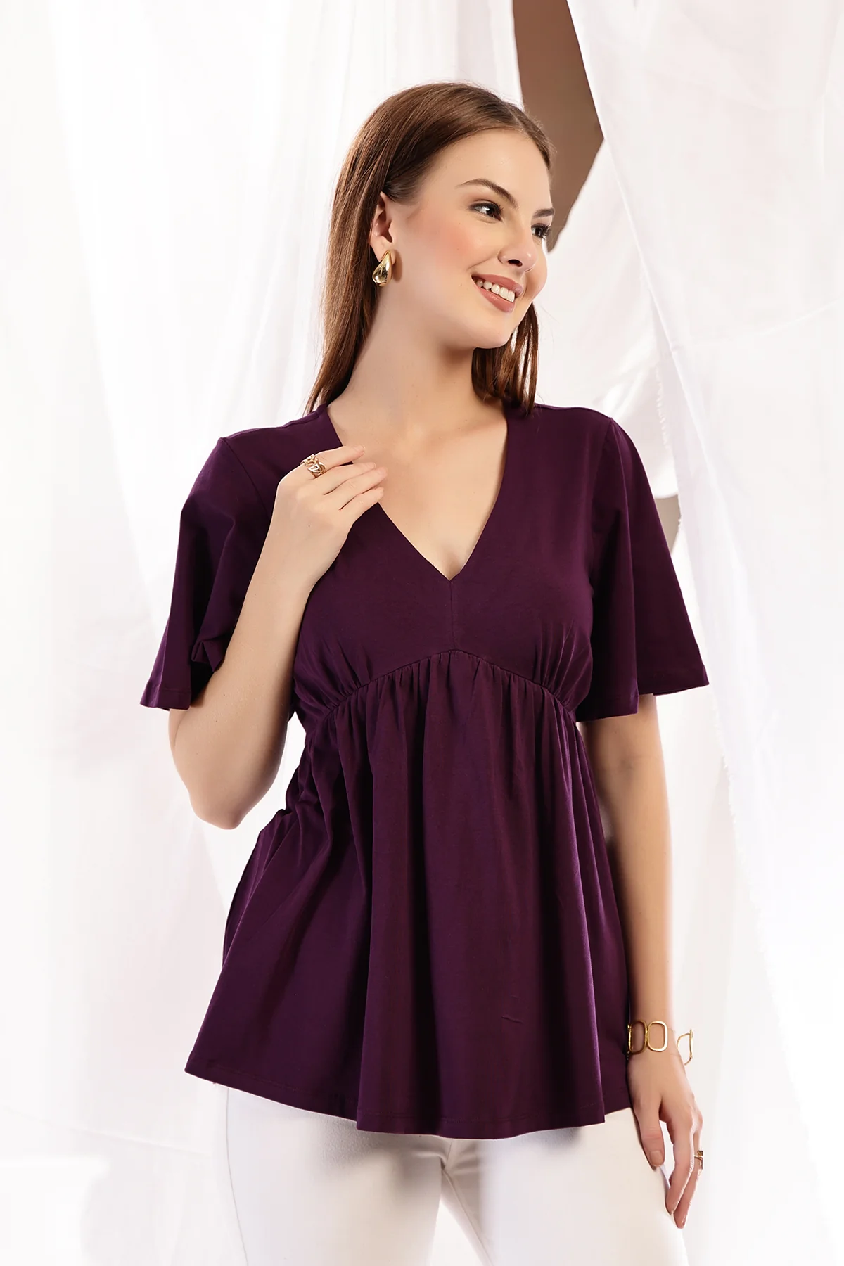 V-Neck Cotton Maternity Nursing Top - Plum - Image 6