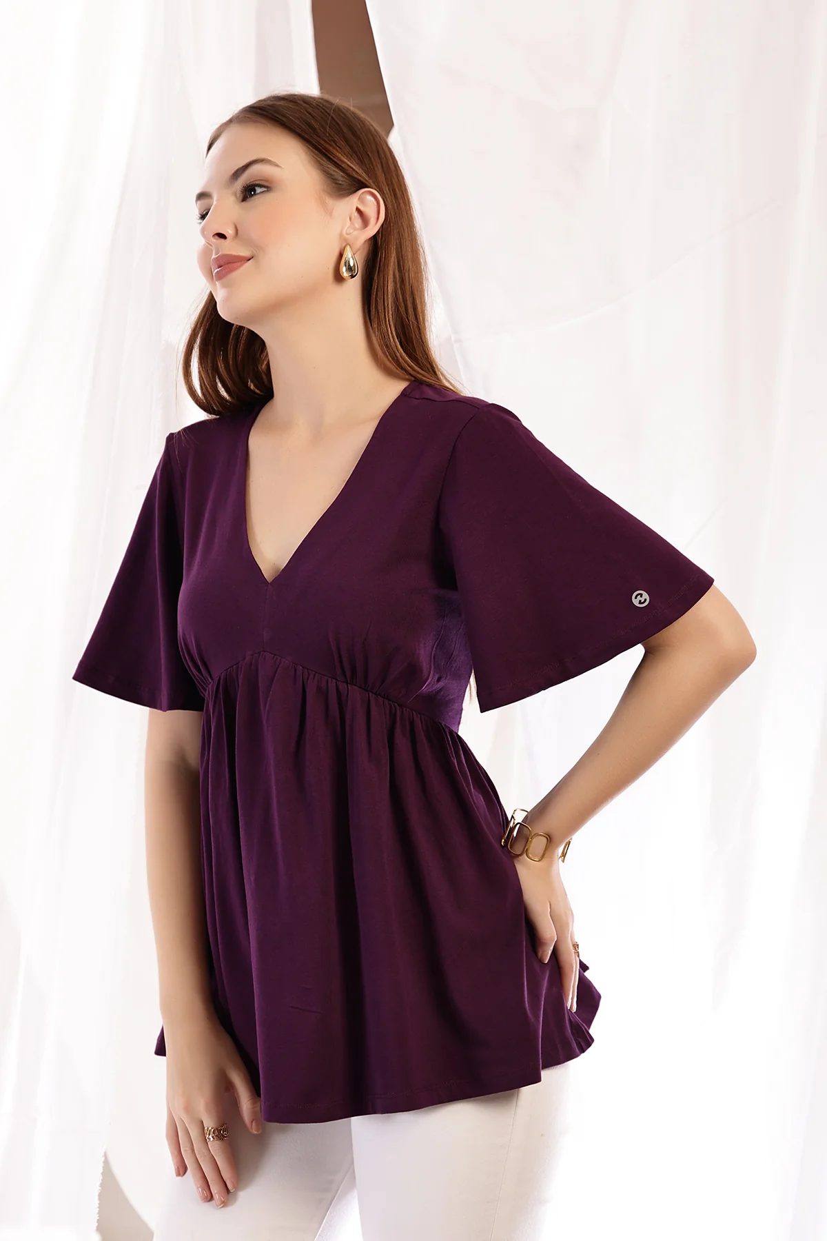 V-Neck Cotton Maternity Nursing Top - Plum - Image 7