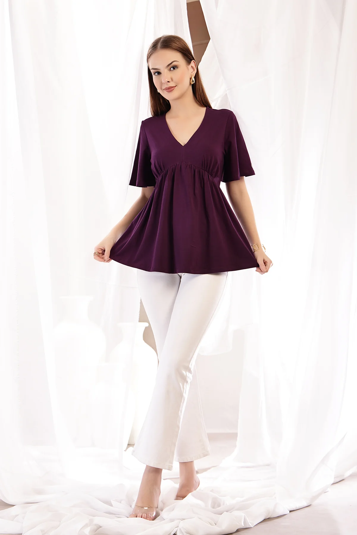 V-Neck Cotton Maternity Nursing Top - Plum - Image 9