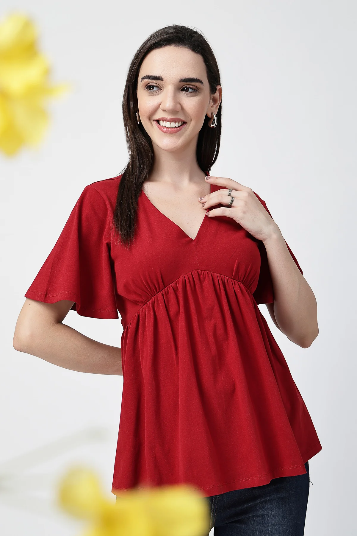 V-Neck Cotton Maternity Nursing Top - Red - Image 10
