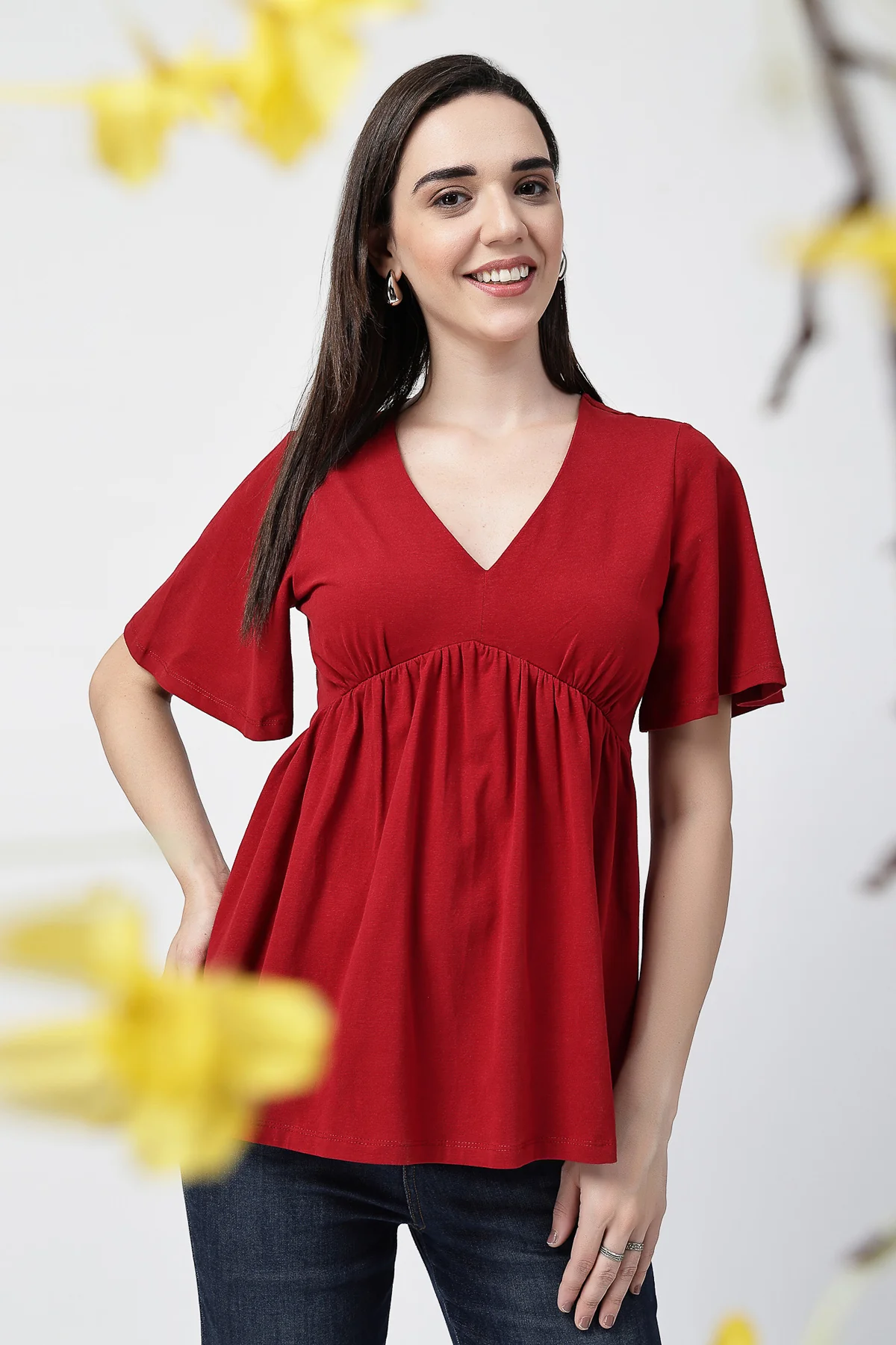 V-Neck Cotton Maternity Nursing Top - Red - Image 11