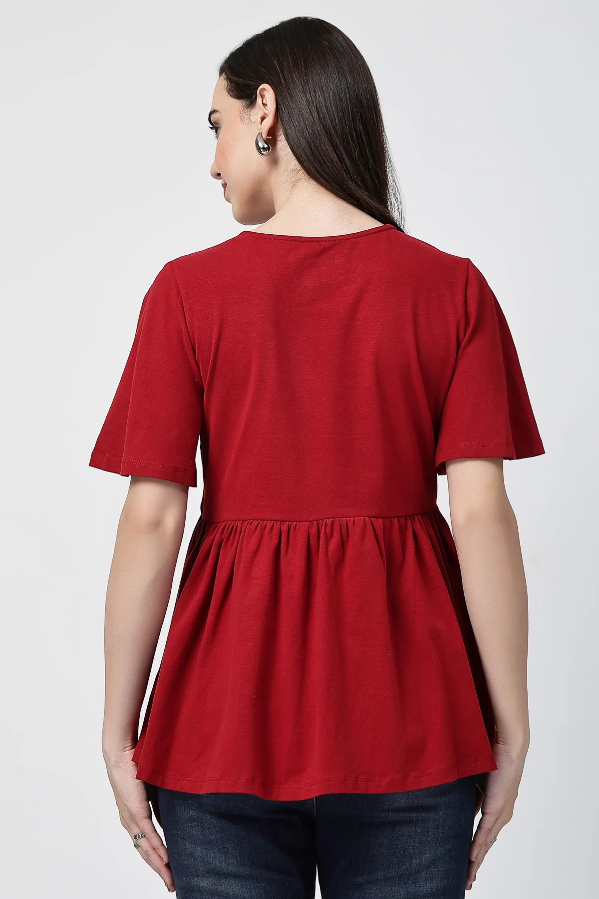 V-Neck Cotton Maternity Nursing Top - Red - Image 3