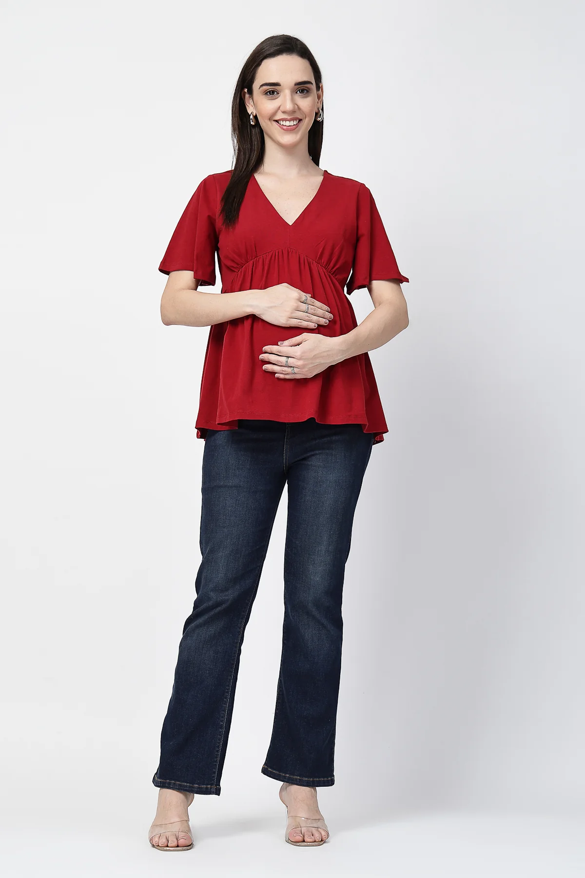V-Neck Cotton Maternity Nursing Top - Red - Image 4