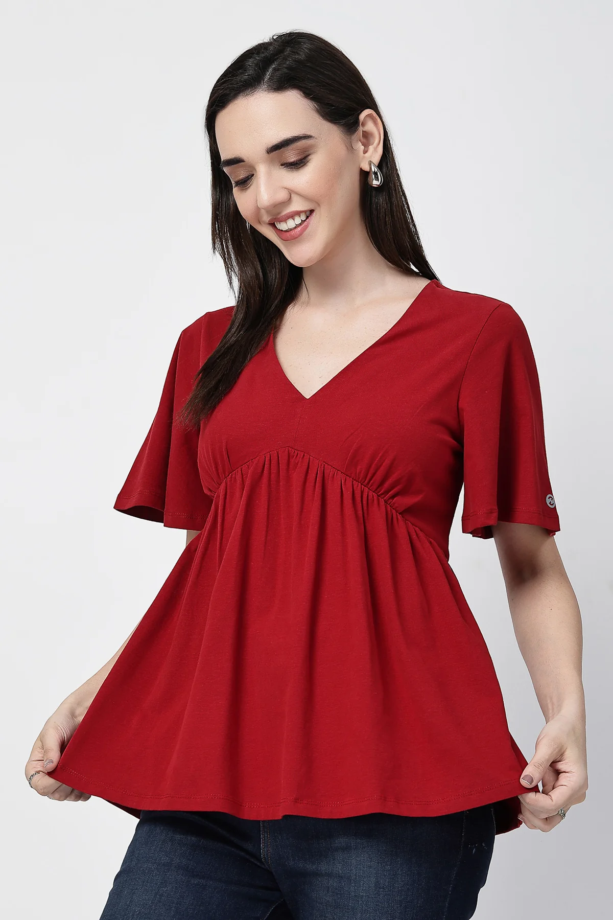 V-Neck Cotton Maternity Nursing Top - Red - Image 5